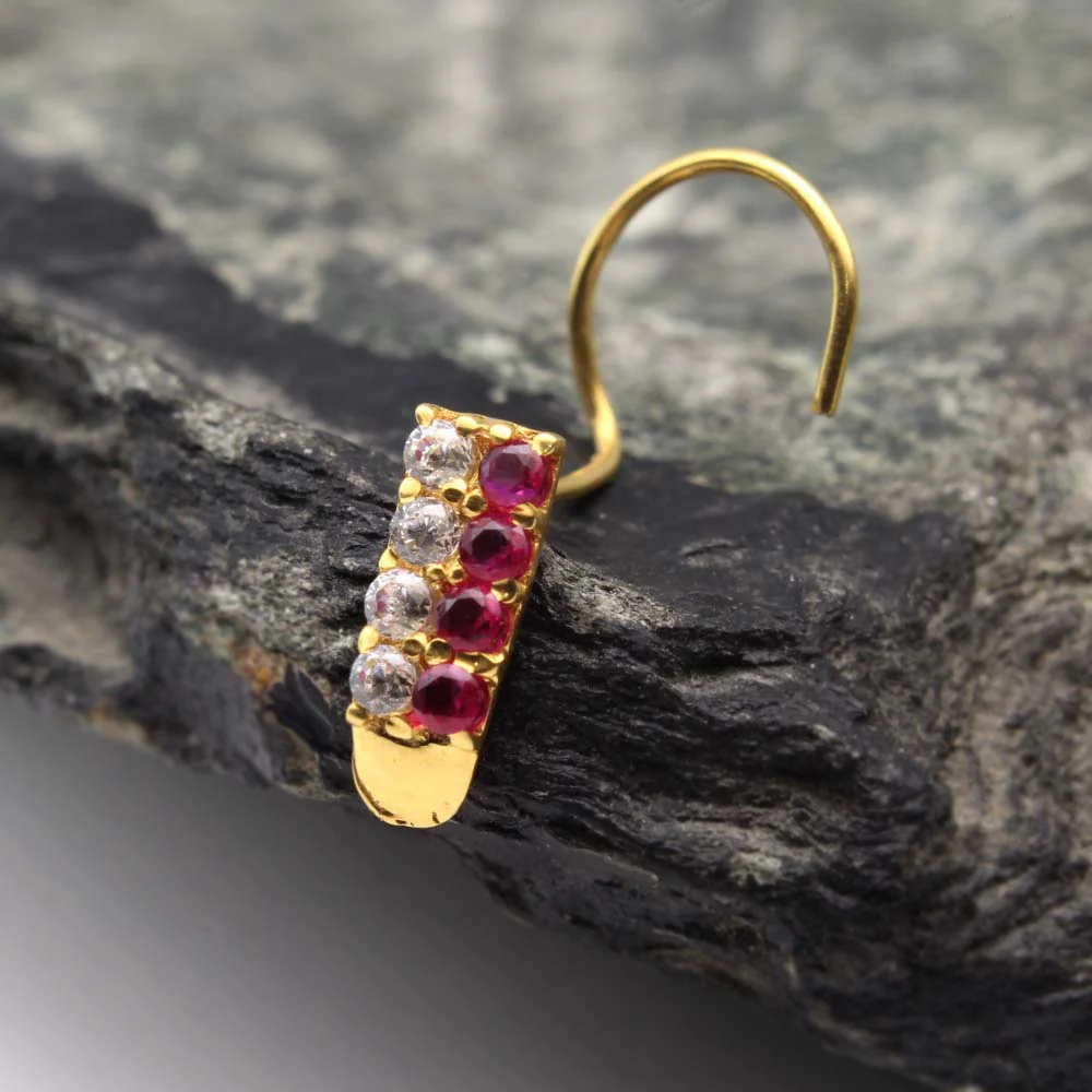 Asian Vertical Style 14k Real Gold CZ Twisted Nose Stud 24g