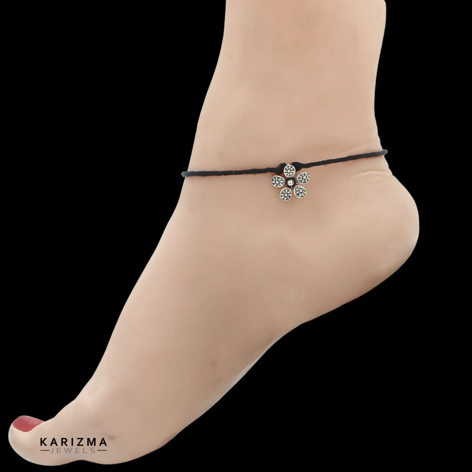 Beach Wear 925 Sterling Silver Oxidized Flower charm with black thread Women single Anklet