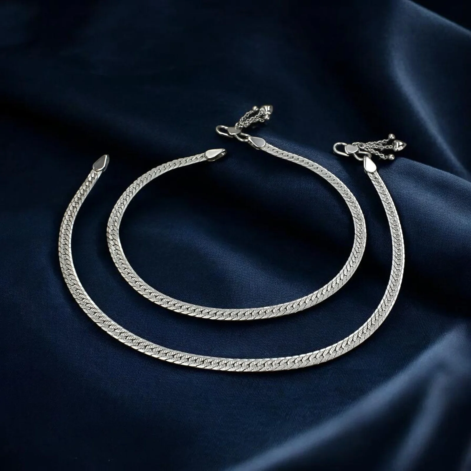 Beach wear 925 Sterling Silver Women Snake Chain Anklet Pair 10.3" - Image 3