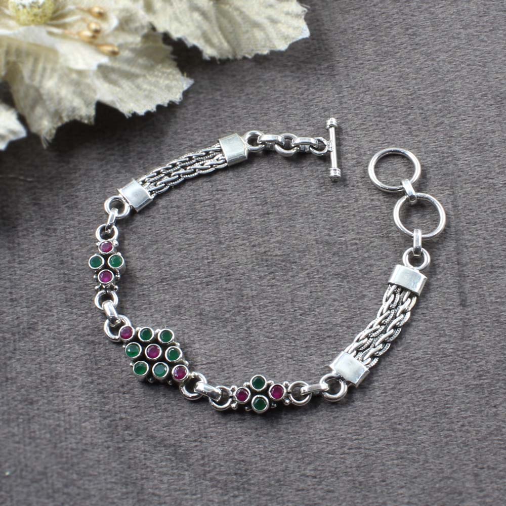 Boho Indian Real Silver Cut Stone Oxidized Bracelet Gift For Girls Women