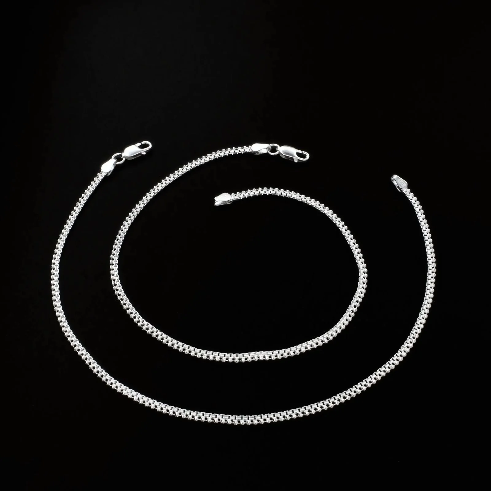 Boho style 925 Sterling Silver Indian women Box Ball Chain Anklet Pair 10.3" - Image 3