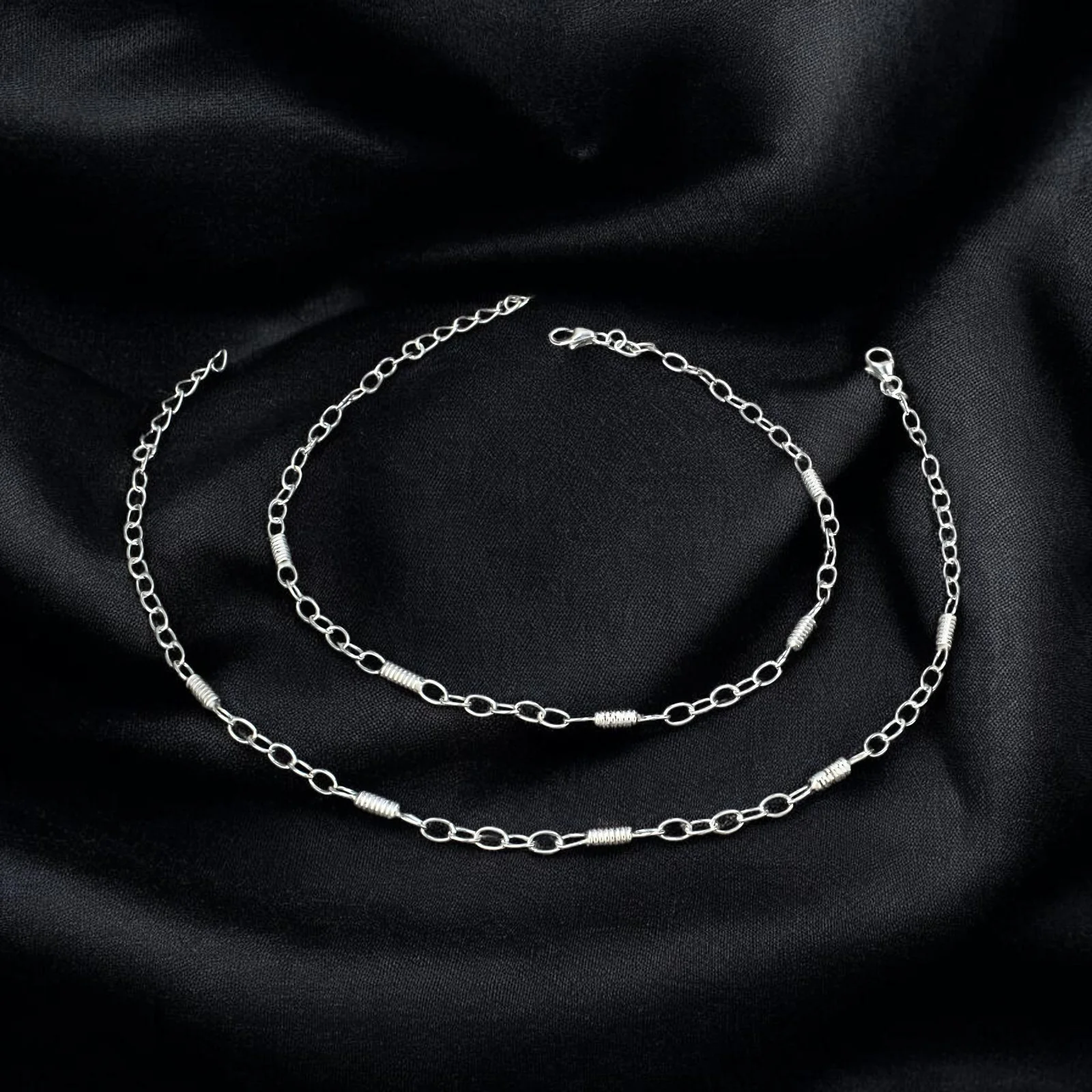 Boho style 925 Sterling Silver Oval Links Chain Anklet Pair 10.5" - Image 2