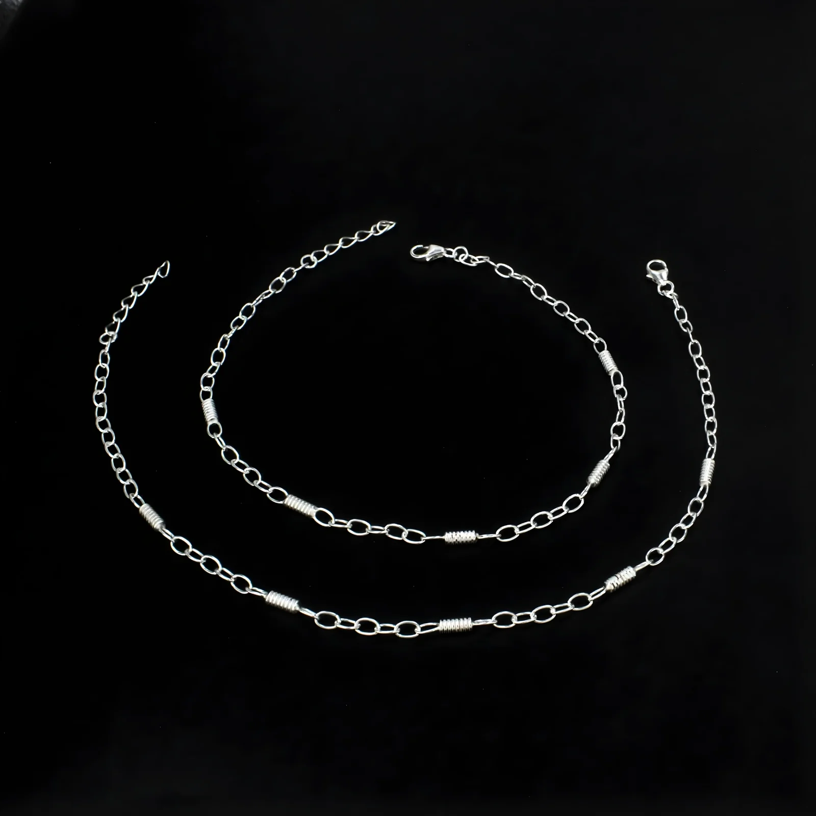 Boho style 925 Sterling Silver Oval Links Chain Anklet Pair 10.5" - Image 3