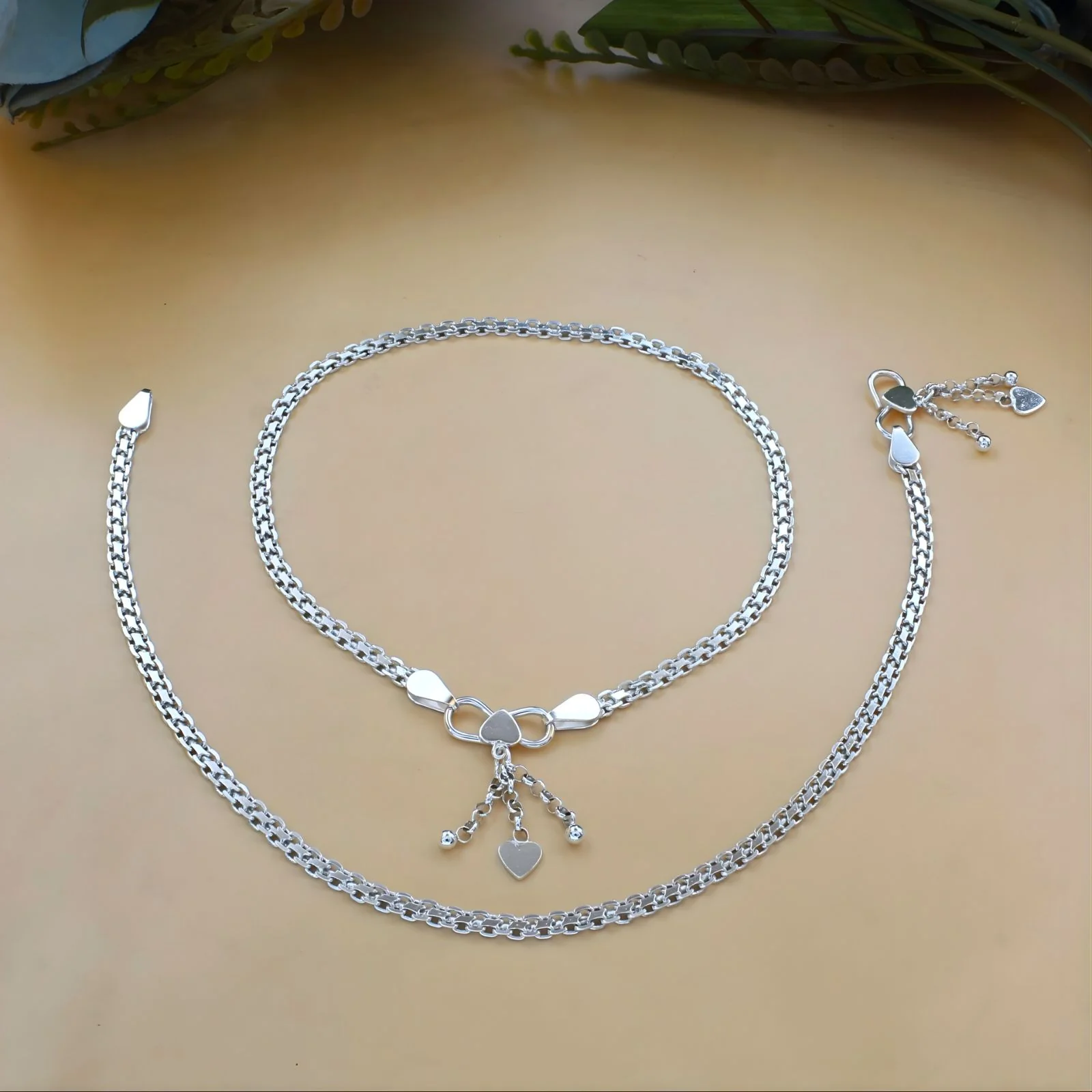 Boho style 925 Sterling Silver women Bismark chain Anklet Pair 10.3"