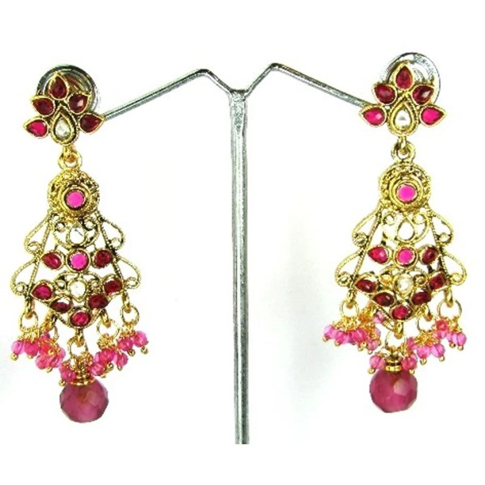 Bollywood Fashion Green Polki & Beads Pendant Earrings Chain Jewelry Set