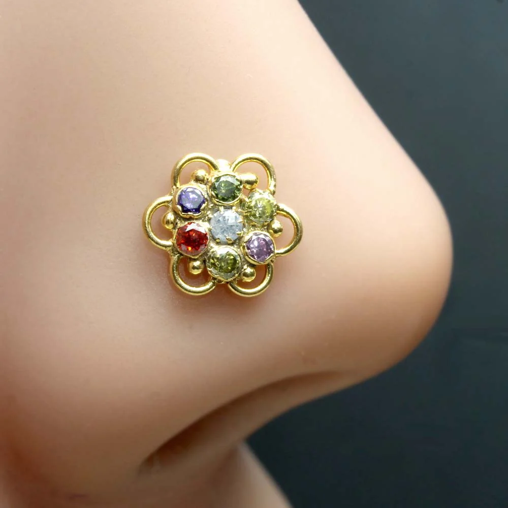 Captivating multi CZ floral nose pin