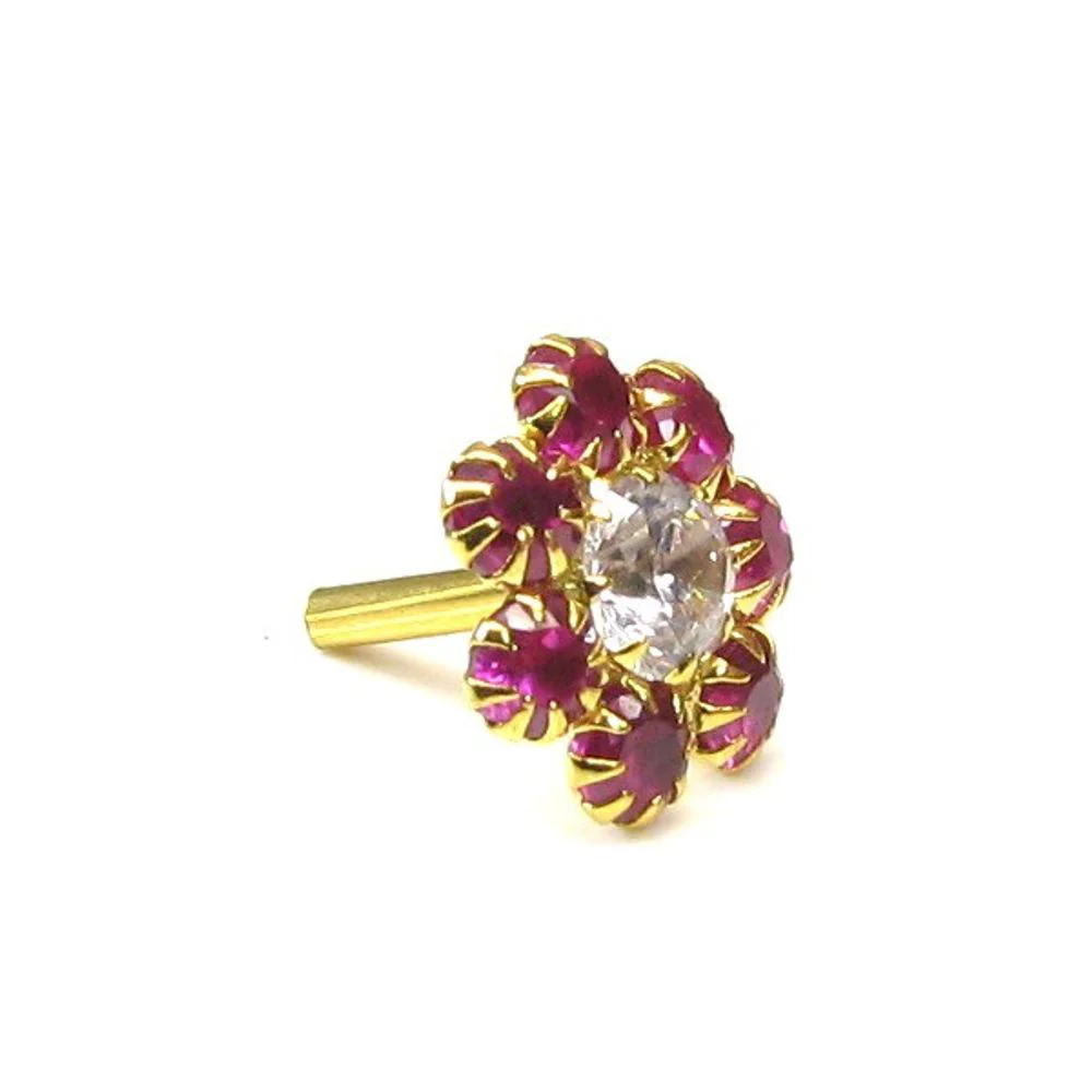 Classic Pink&White CZ Body Piercing Nose stud Pin Solid Real 14k Yellow Gold - Image 2