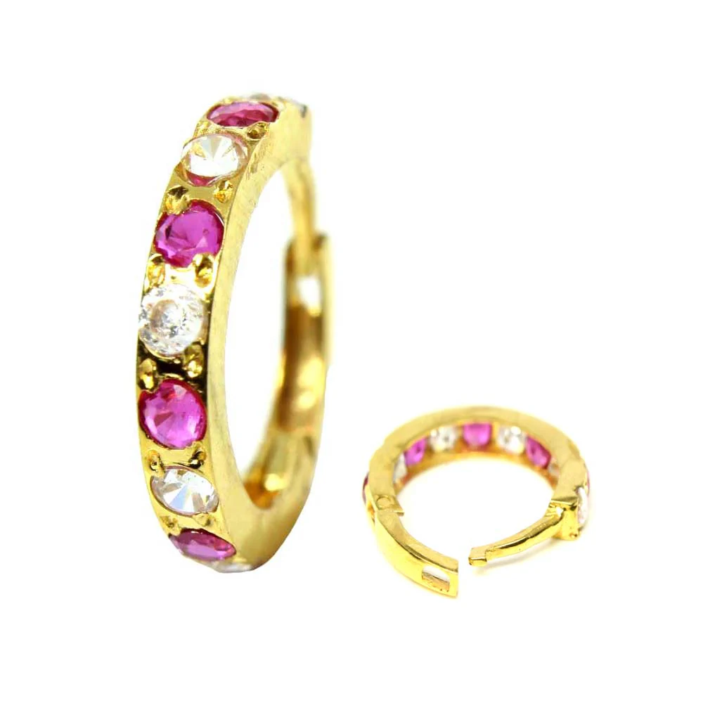 Cute 14k Yellow Gold Pink White CZ Indian Style Women Nose Hinged Hoop Ring 20g - Image 2
