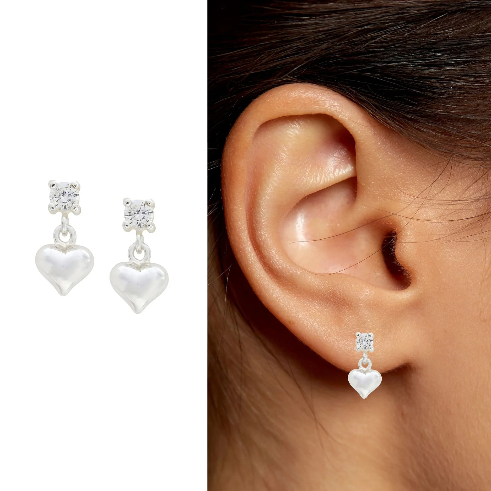 Cute 925 Real Sterling Silver White CZ stud Earrings Plain Heart Drop - Pair - Image 2