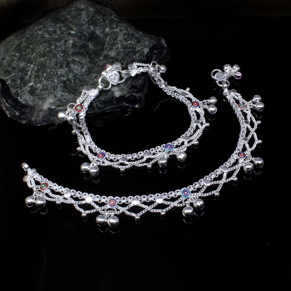 Cute 925 Solid Silver Jewelry Kids Anklets chain Indian Style baby Bracelet 7.3 in