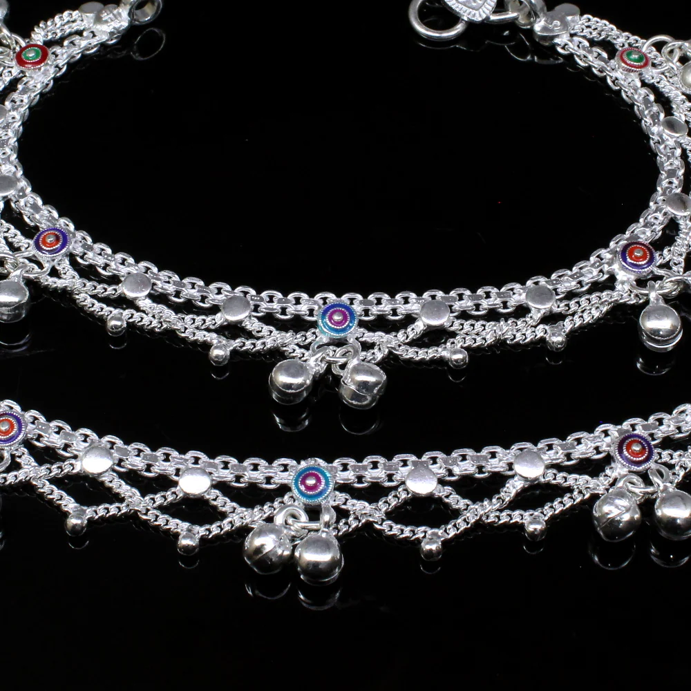 Cute 925 Solid Silver Jewelry Kids Anklets chain Indian Style baby Bracelet 7.3 in - Image 3