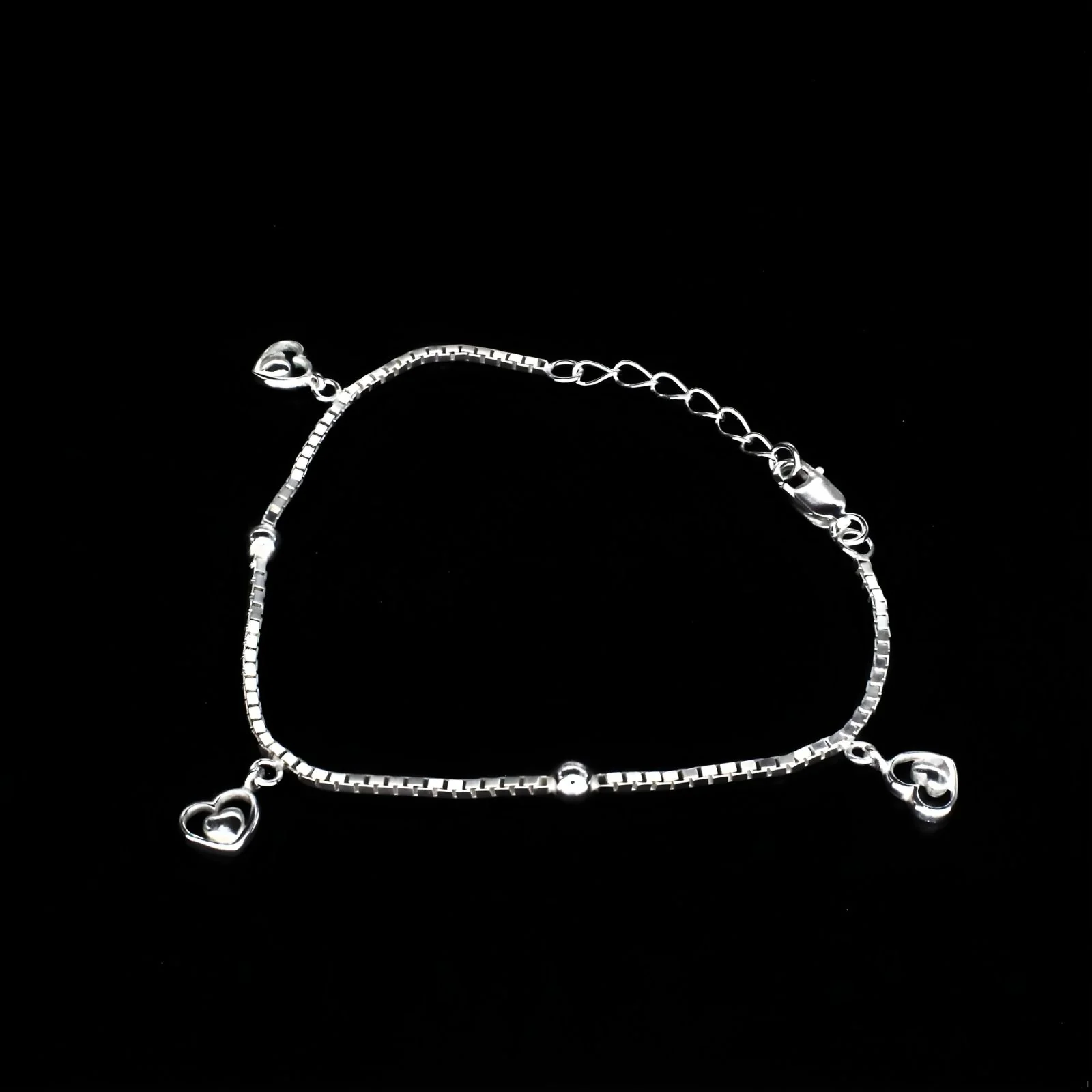 Cute 925 Sterling Silver dangle three heart charms box chain Bracelet for Girls - Image 2