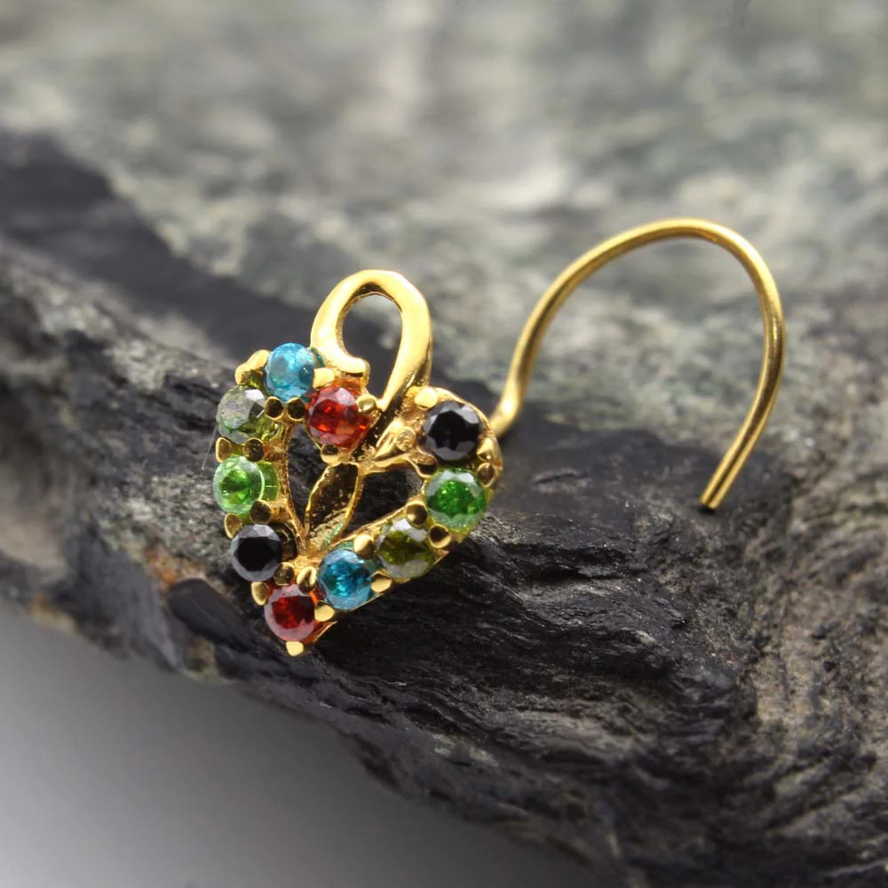 Cute Ethnic Heart 14k Real Gold CZ Corkscrew Nose Stud 24g