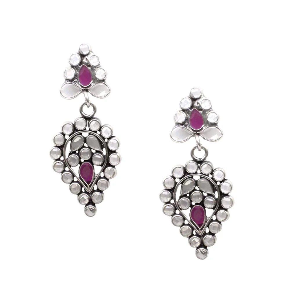Cute Ethnic Traditional Style Real Silver Pink White CZ Dangle Earrings - Image 2