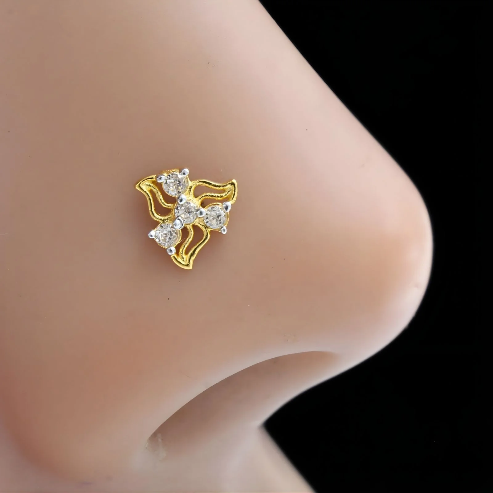 Cute floral 18K Real Gold White CZ Nose stud nose ring Push Pin