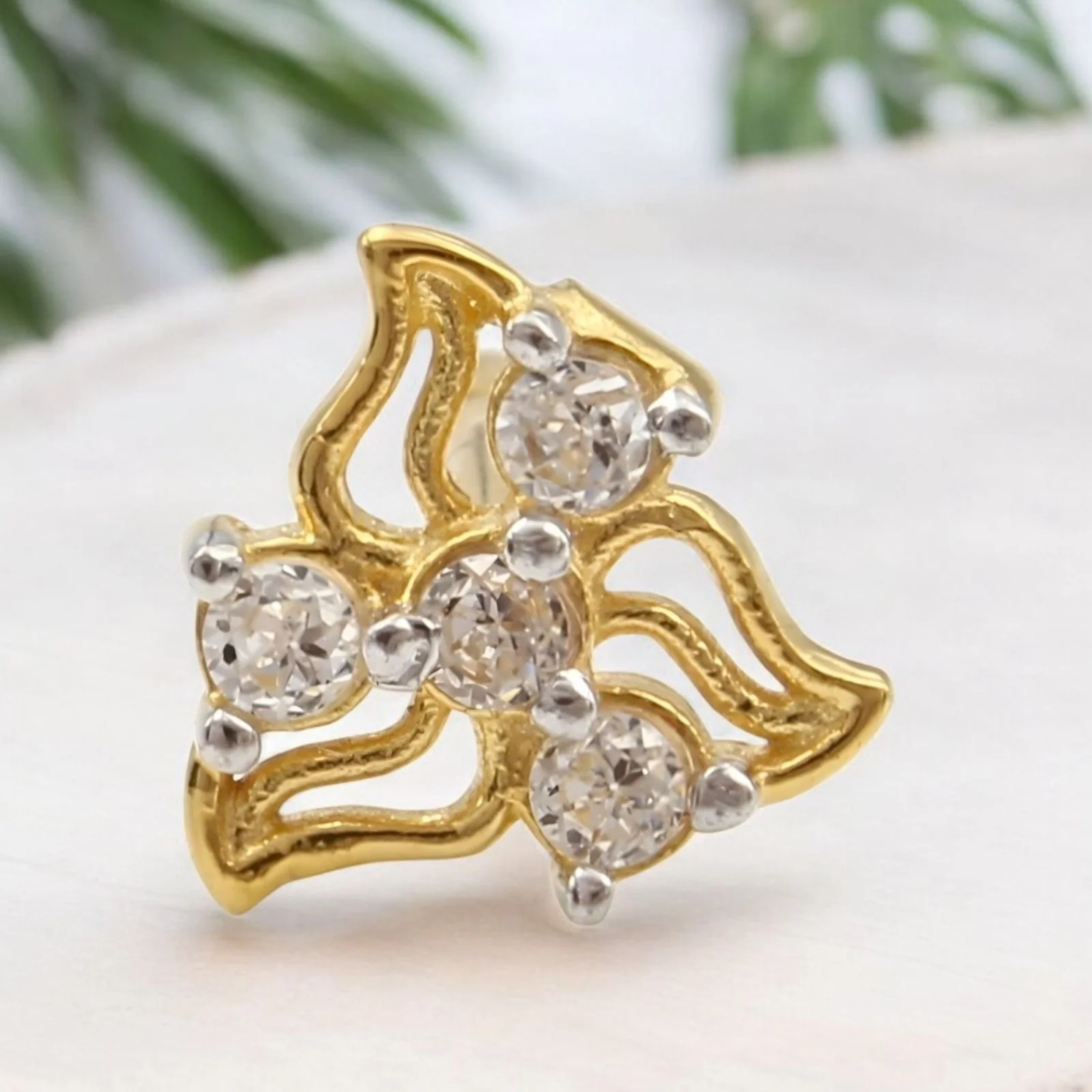 Cute floral 18K Real Gold White CZ Nose stud nose ring Push Pin - Image 2