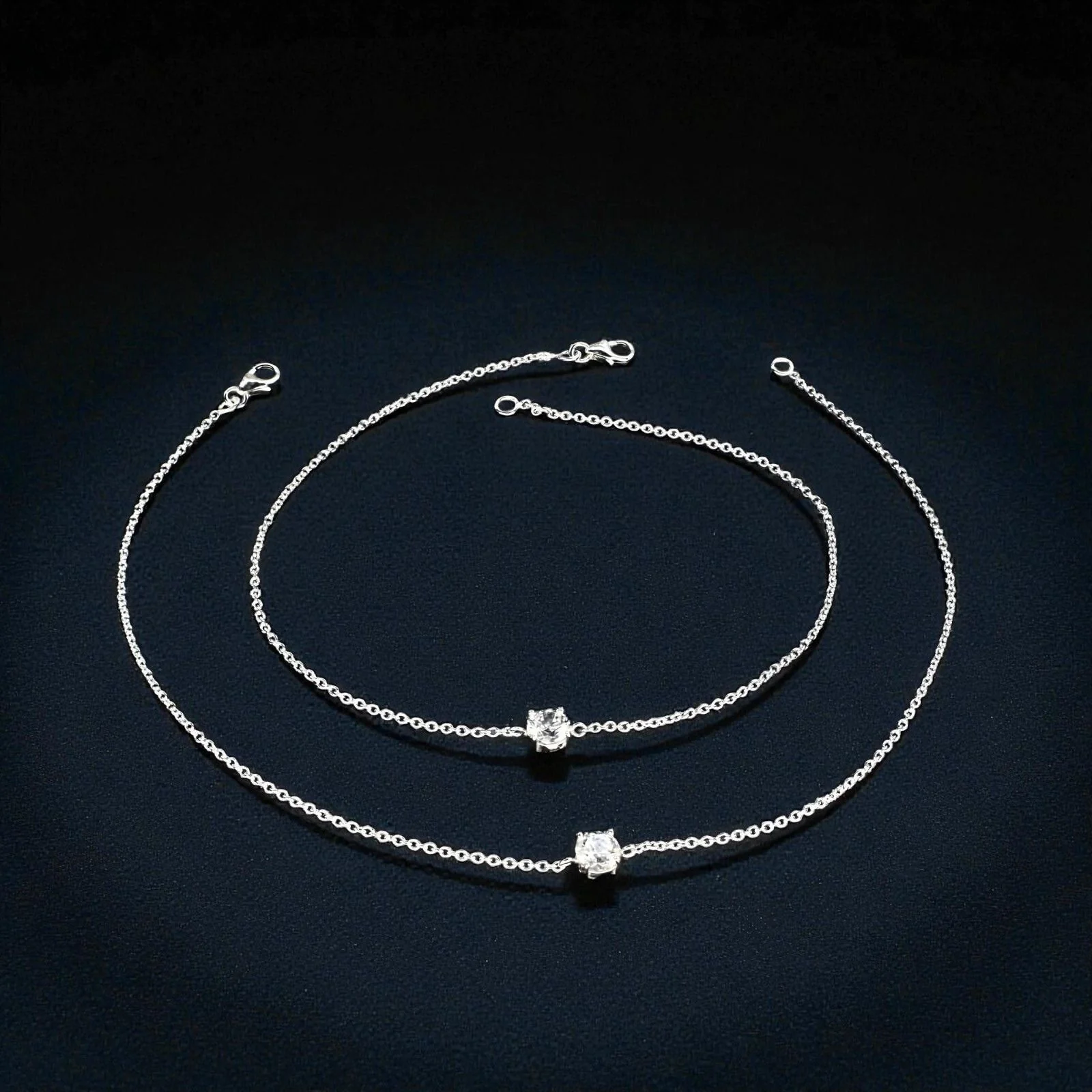 Dainty 925 Sterling Silver girlish White CZ Chain Anklet Pair 10.3"