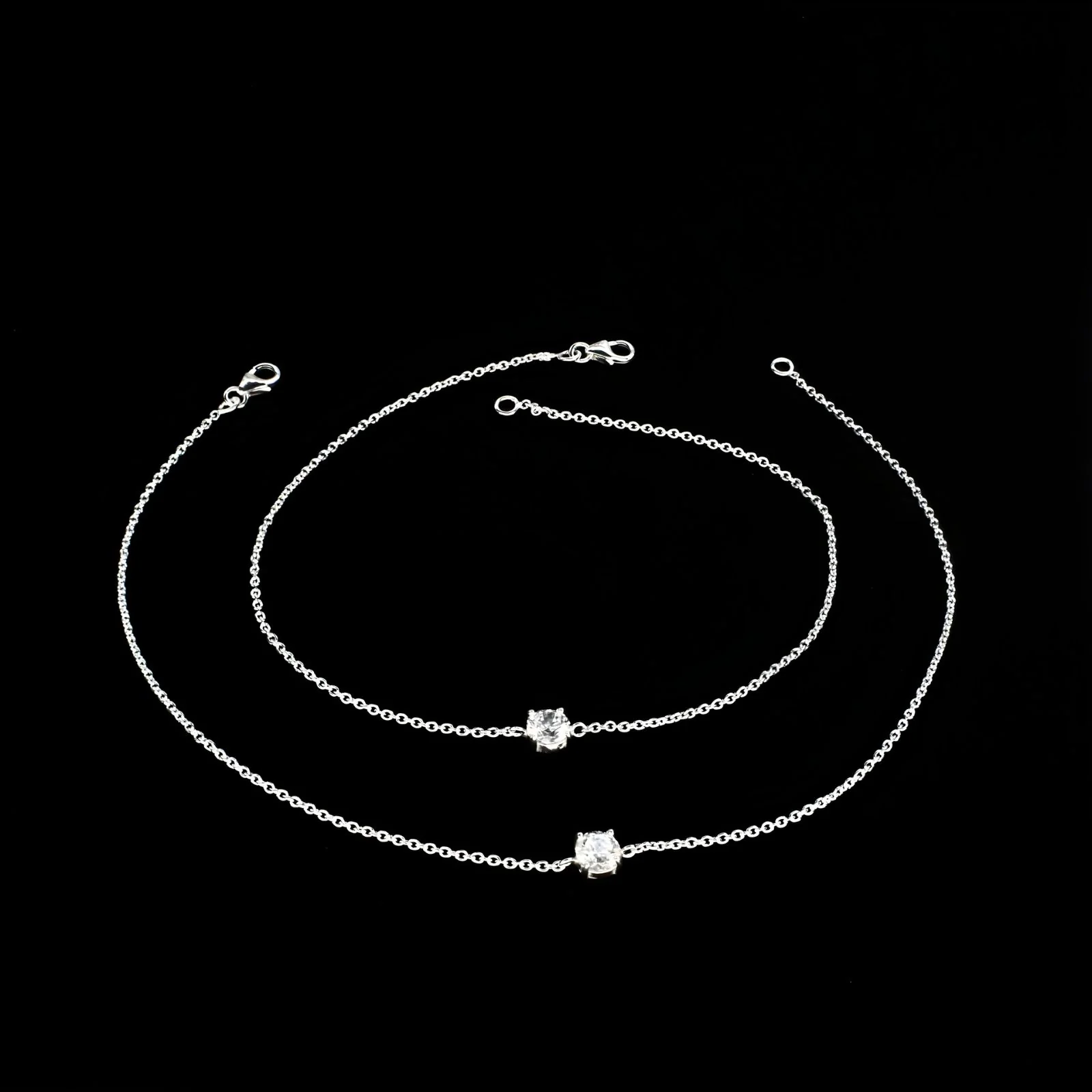 Dainty 925 Sterling Silver girlish White CZ Chain Anklet Pair 10.3" - Image 3