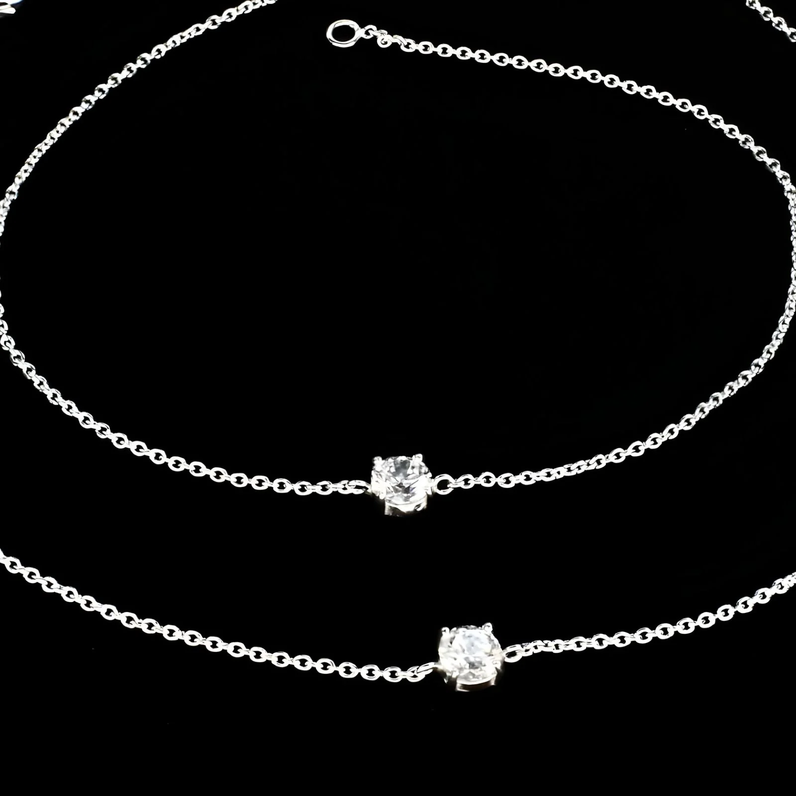 Dainty 925 Sterling Silver girlish White CZ Chain Anklet Pair 10.3" - Image 4