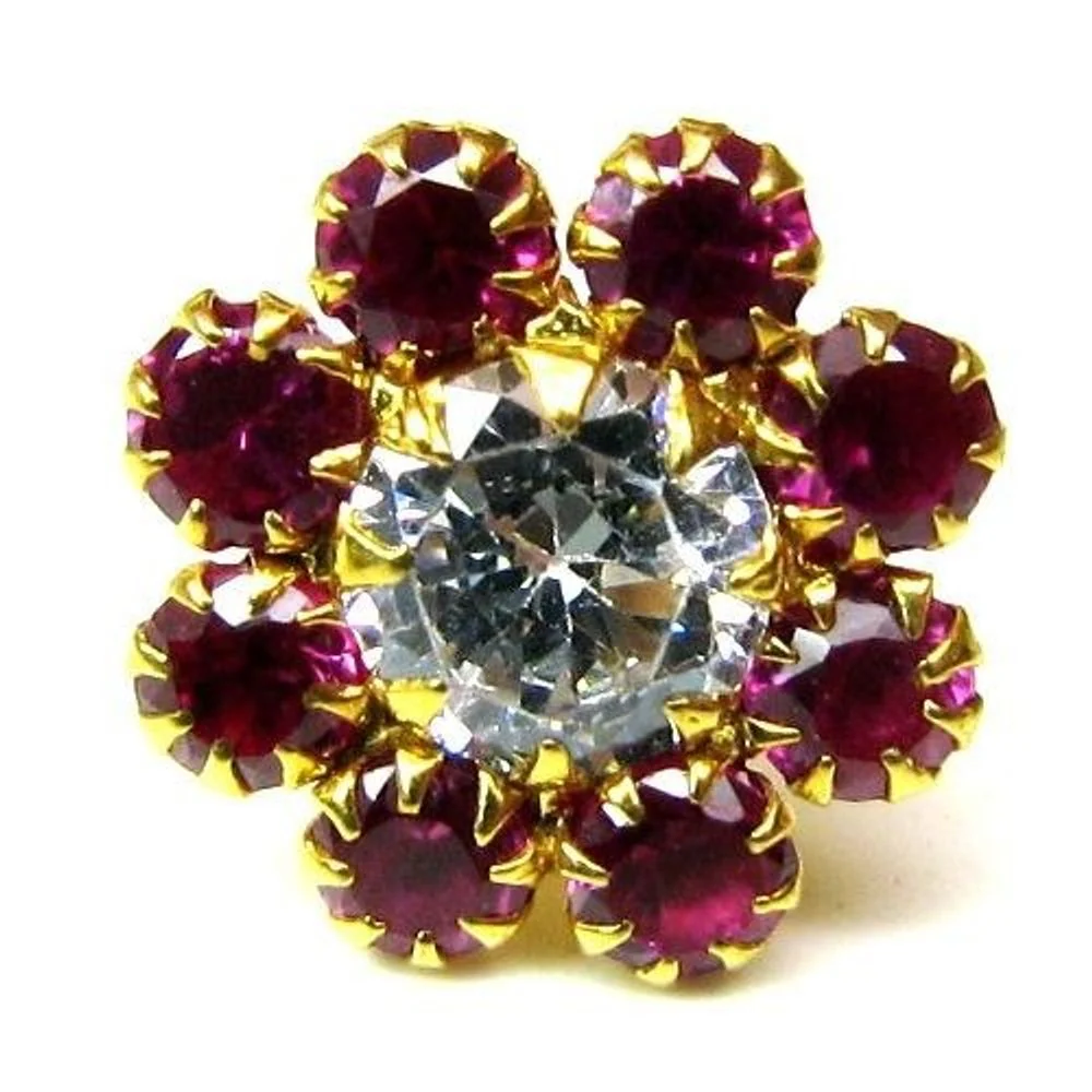 Daisy Indian Style Fancy Floral Design Body Red CZ Piercing Nose Stud Pin Solid Real 14k Yellow Gold