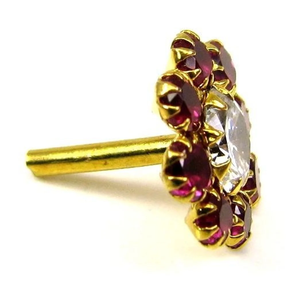 Daisy Indian Style Fancy Floral Design Body Red CZ Piercing Nose Stud Pin Solid Real 14k Yellow Gold - Image 2