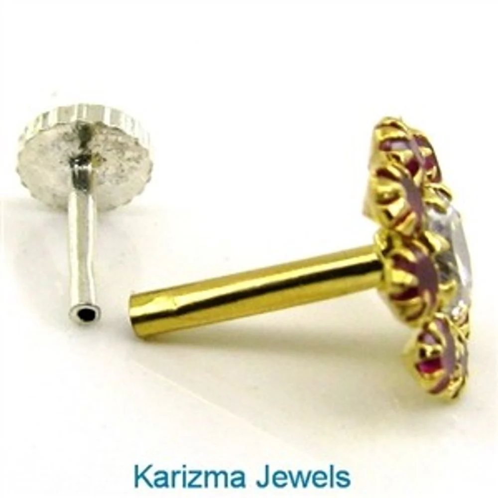Daisy Indian Style Fancy Floral Design Body Red CZ Piercing Nose Stud Pin Solid Real 14k Yellow Gold - Image 3