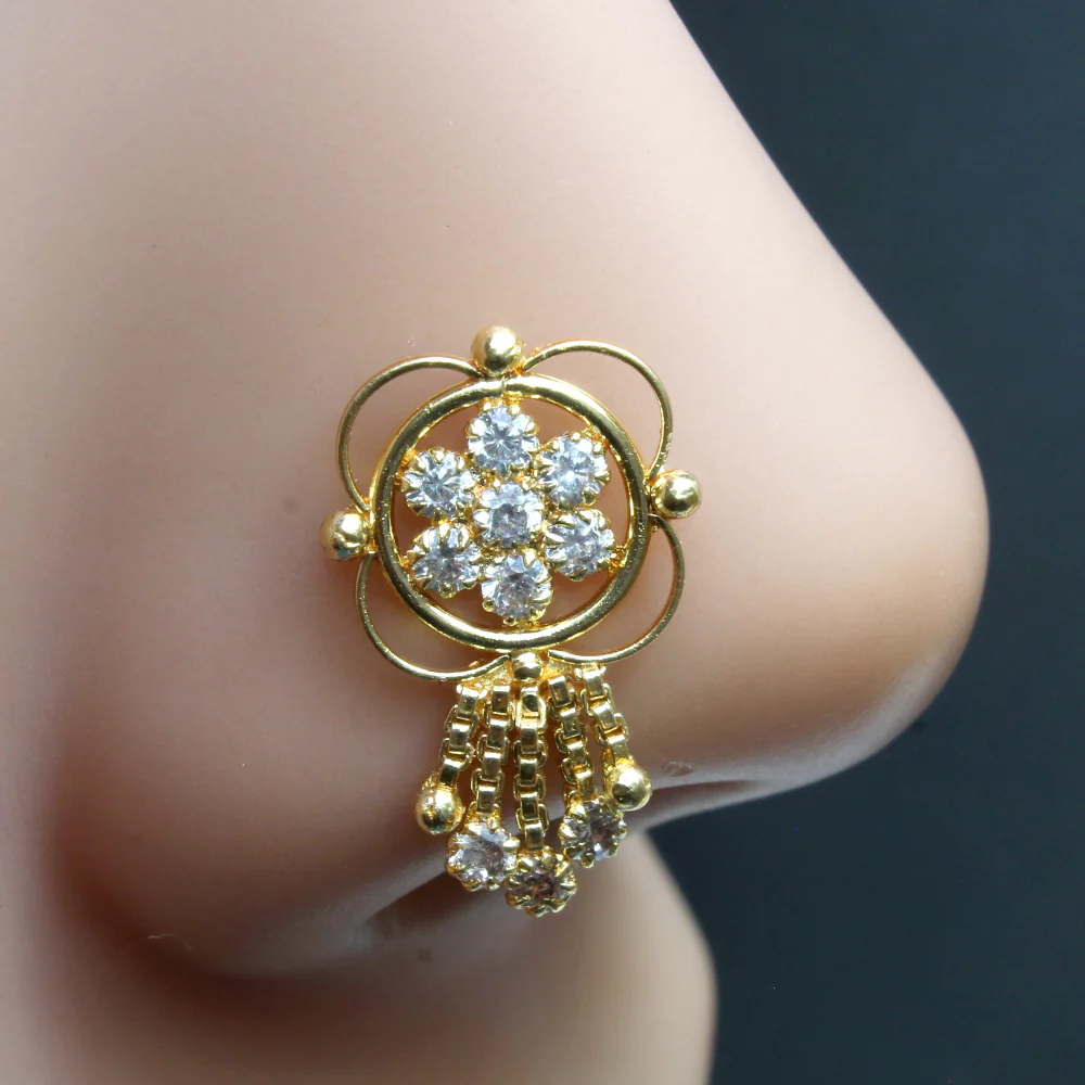 Dangling drop nose stud/pin with White CZ