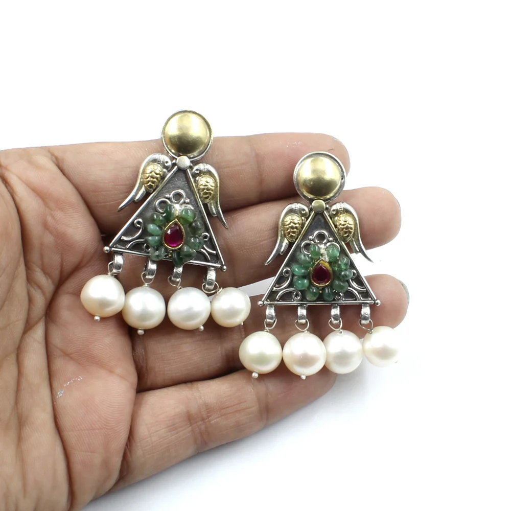 Dual Tone Real 925 Silver Dangle Emerald Pearl Jhumka Earrings - Image 3