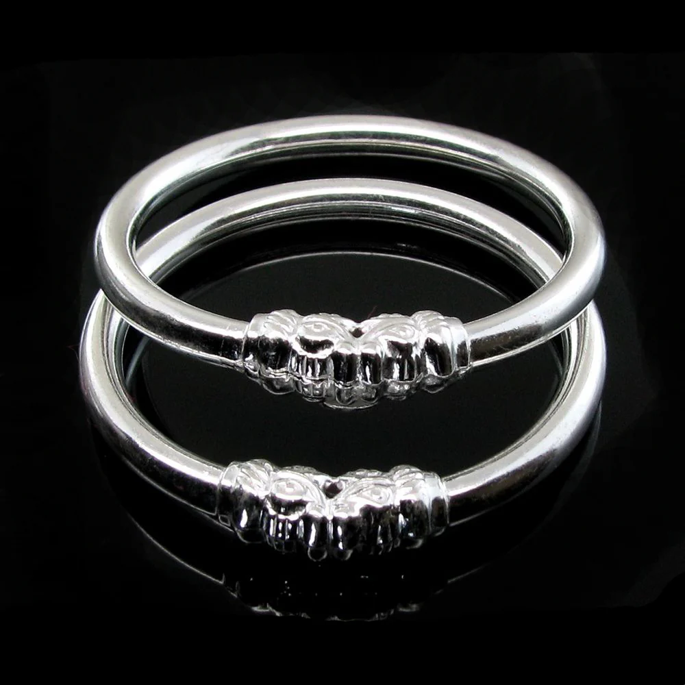 Elephant Face Real Silver Kids Bangles Bracelet - Pair