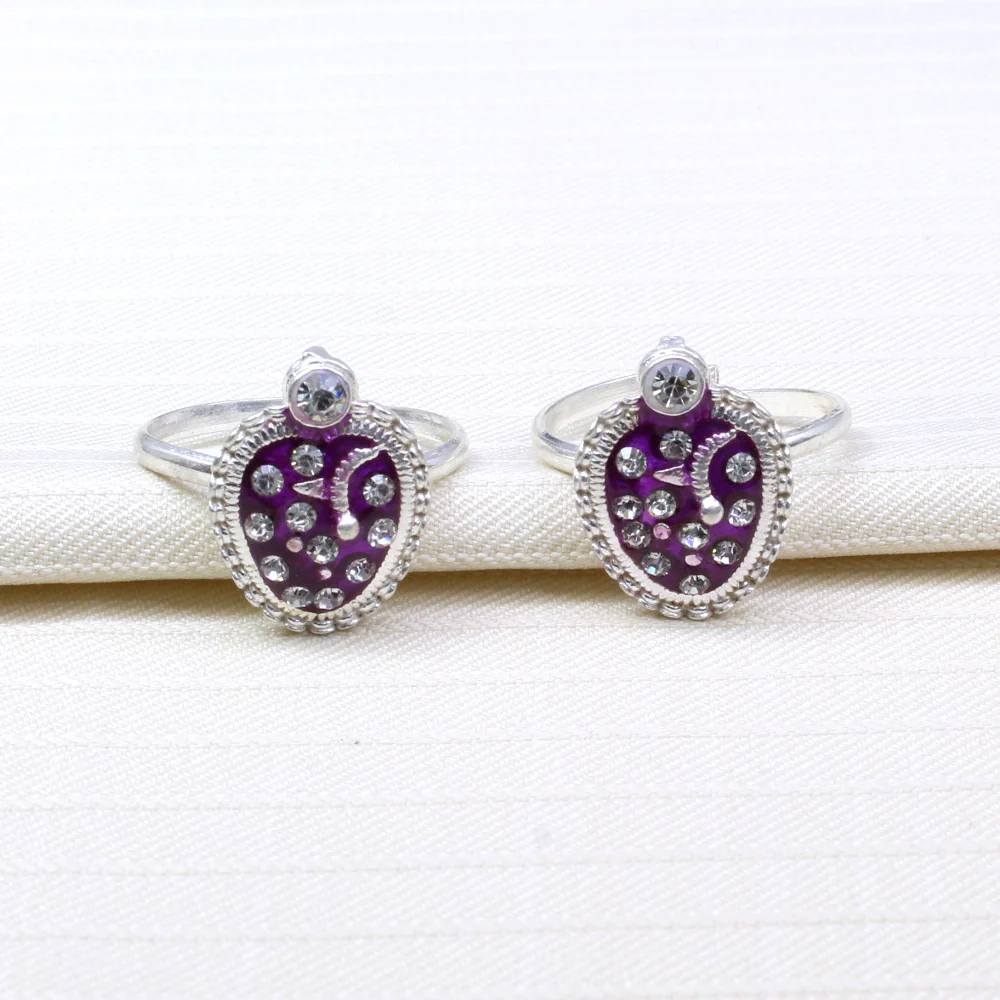 Ethnic Indian Style Handmade Crystal Enamel Toe Rings Pair Real Solid Silver - Image 2