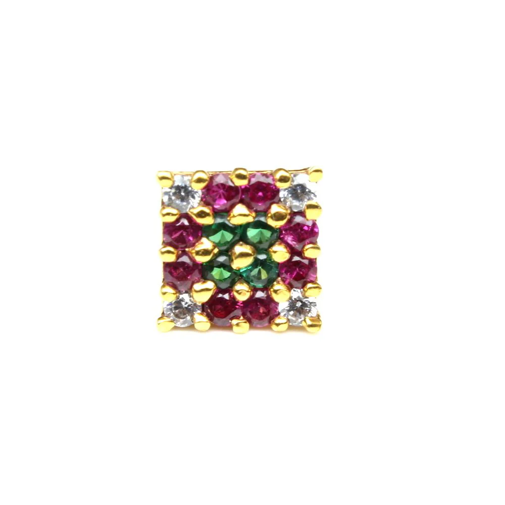 Ethnic Square Nose ring Multi-color CZ gold plated Piercing Nose stud push pin - Image 2