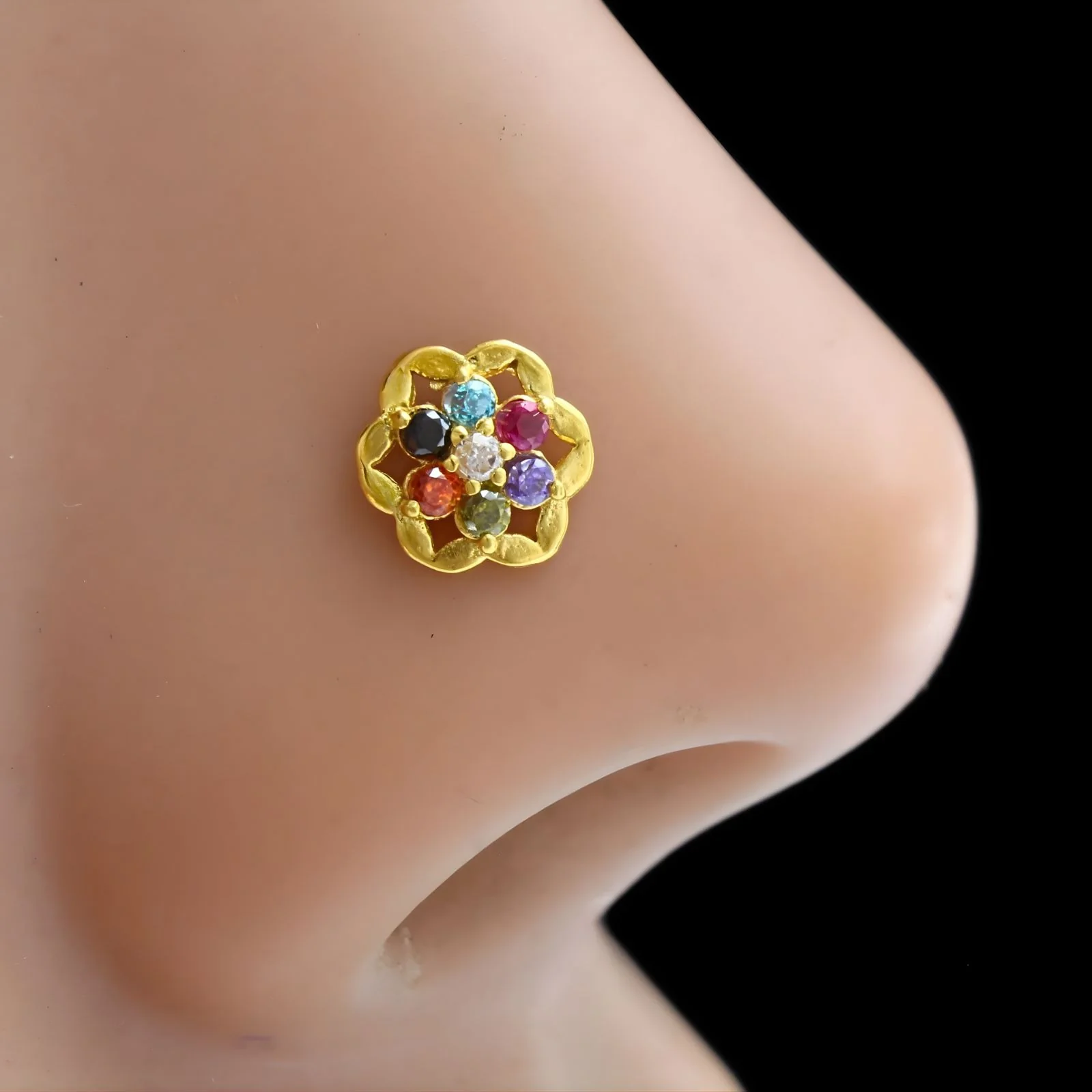 Floral 18K Real Gold Multi CZ Nose stud nose ring Push Pin