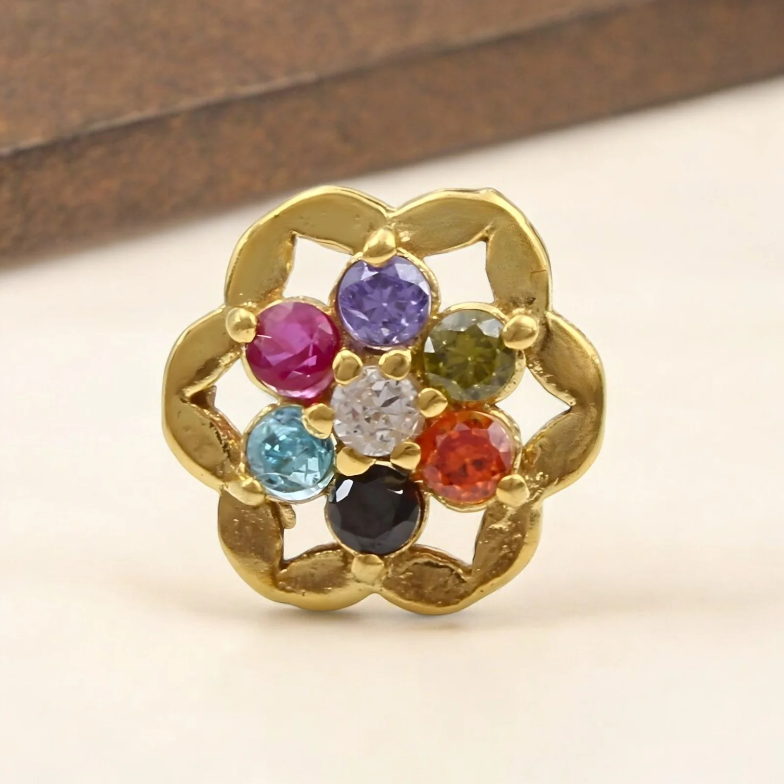 Floral 18K Real Gold Multi CZ Nose stud nose ring Push Pin - Image 2