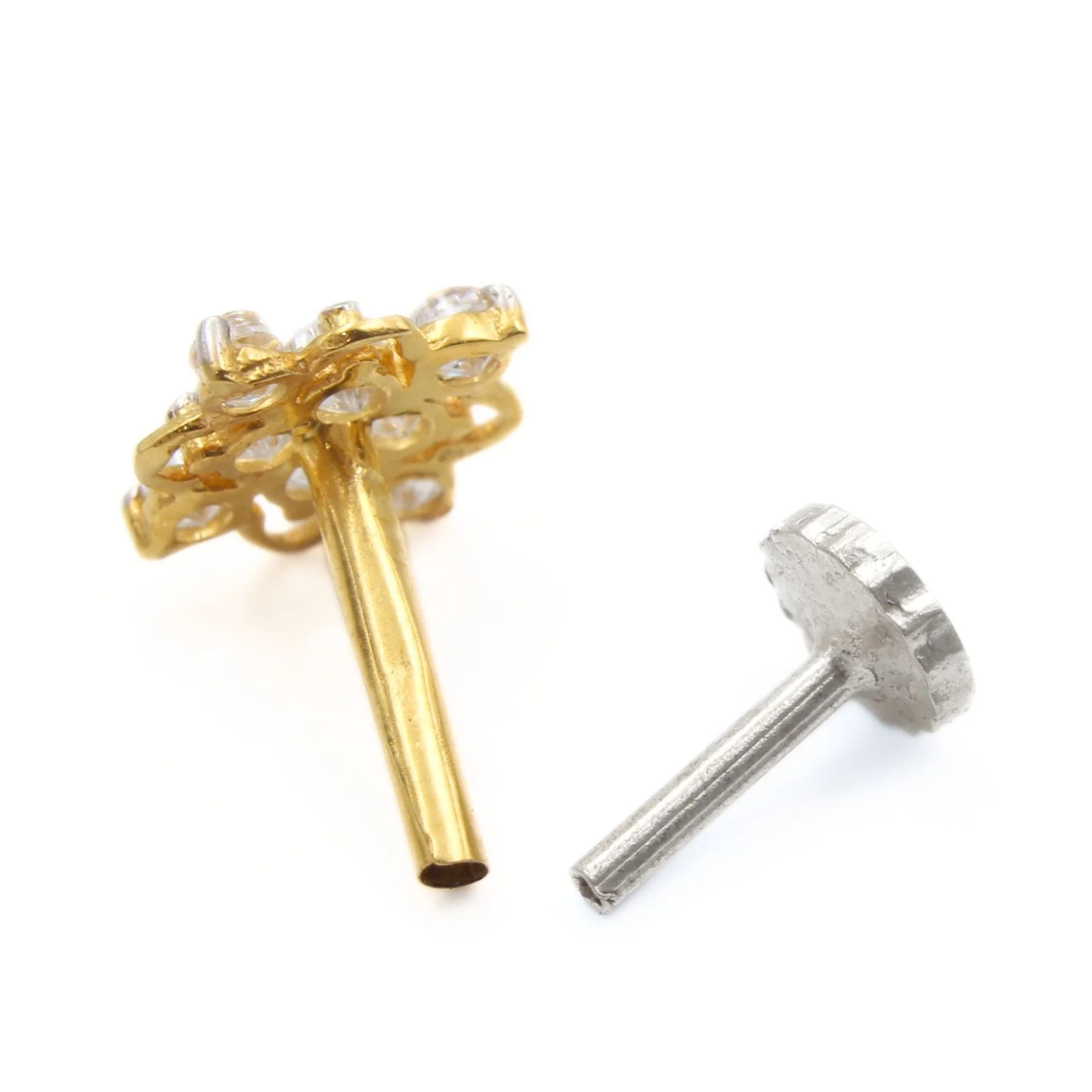 Floral 18K Real Gold White CZ Nose stud nose ring Push Pin - Image 4