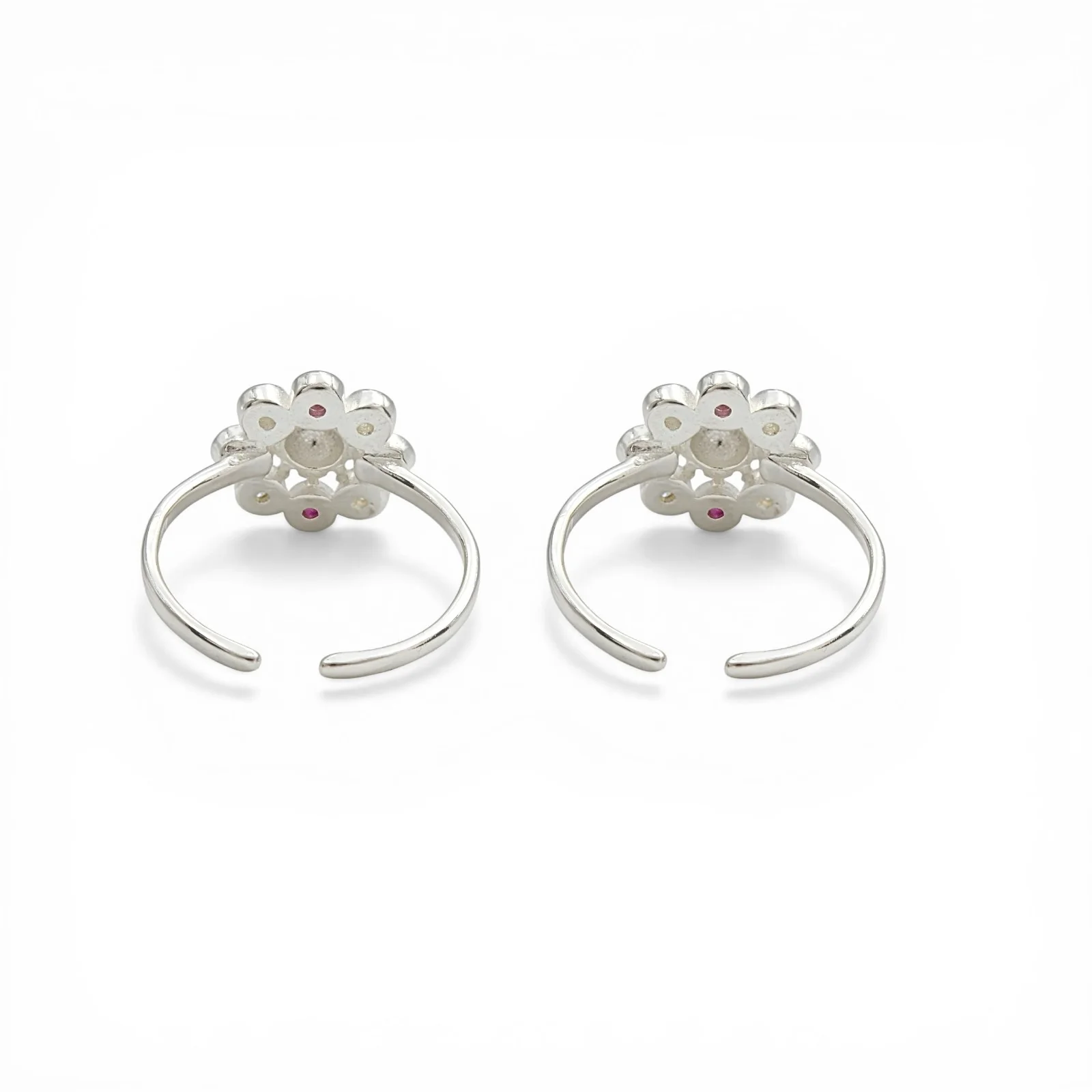 Floral Design 925 Real Sterling Silver Indian women Pink White  CZ Toe Ring - Pair - Image 4