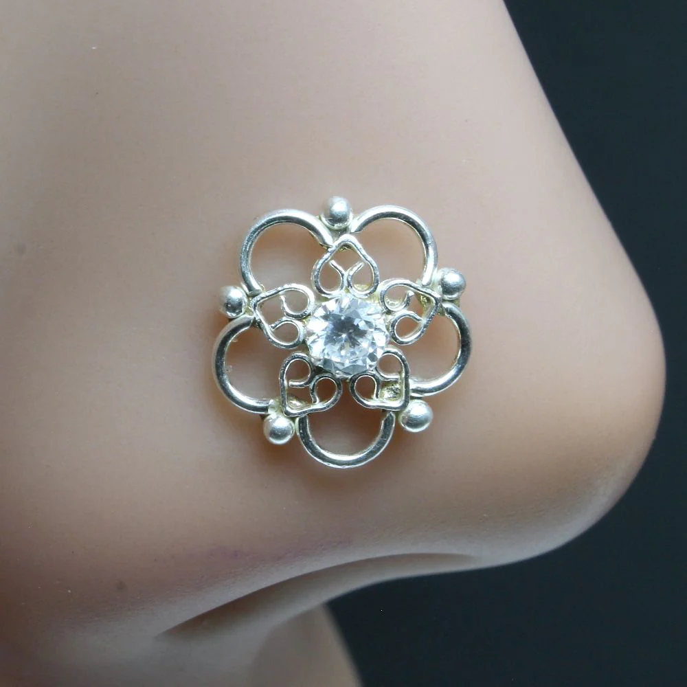 Floral Twisted Silver Nose Piercing