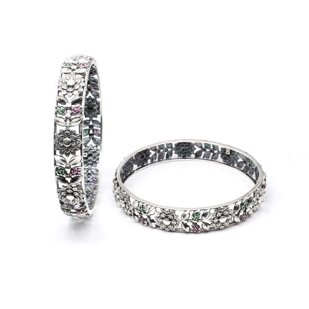 Flower Design Real Sterling Silver CZ Women Oxidized Bangles Pair - 6.2 CM - Image 2