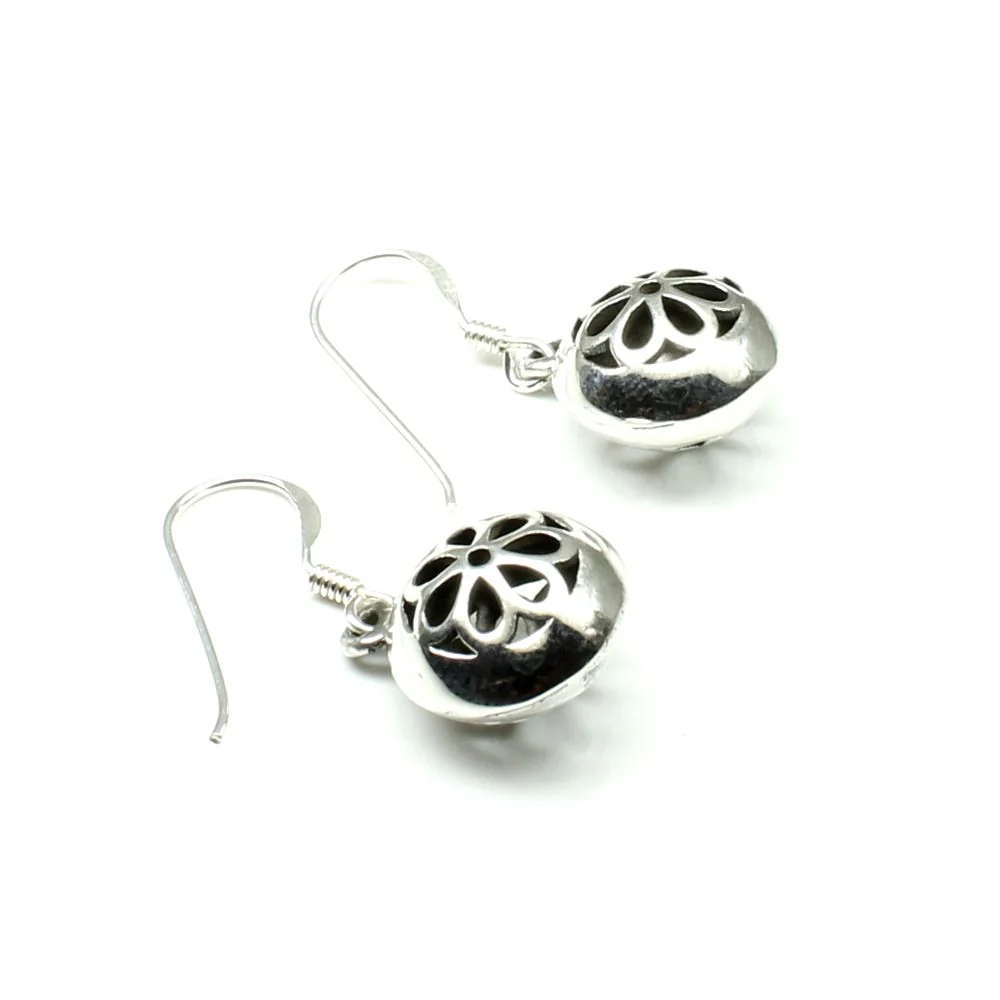 Flower in ball net Oxidized dangle 925 Sterling Silver fish hook Earrings - Image 3