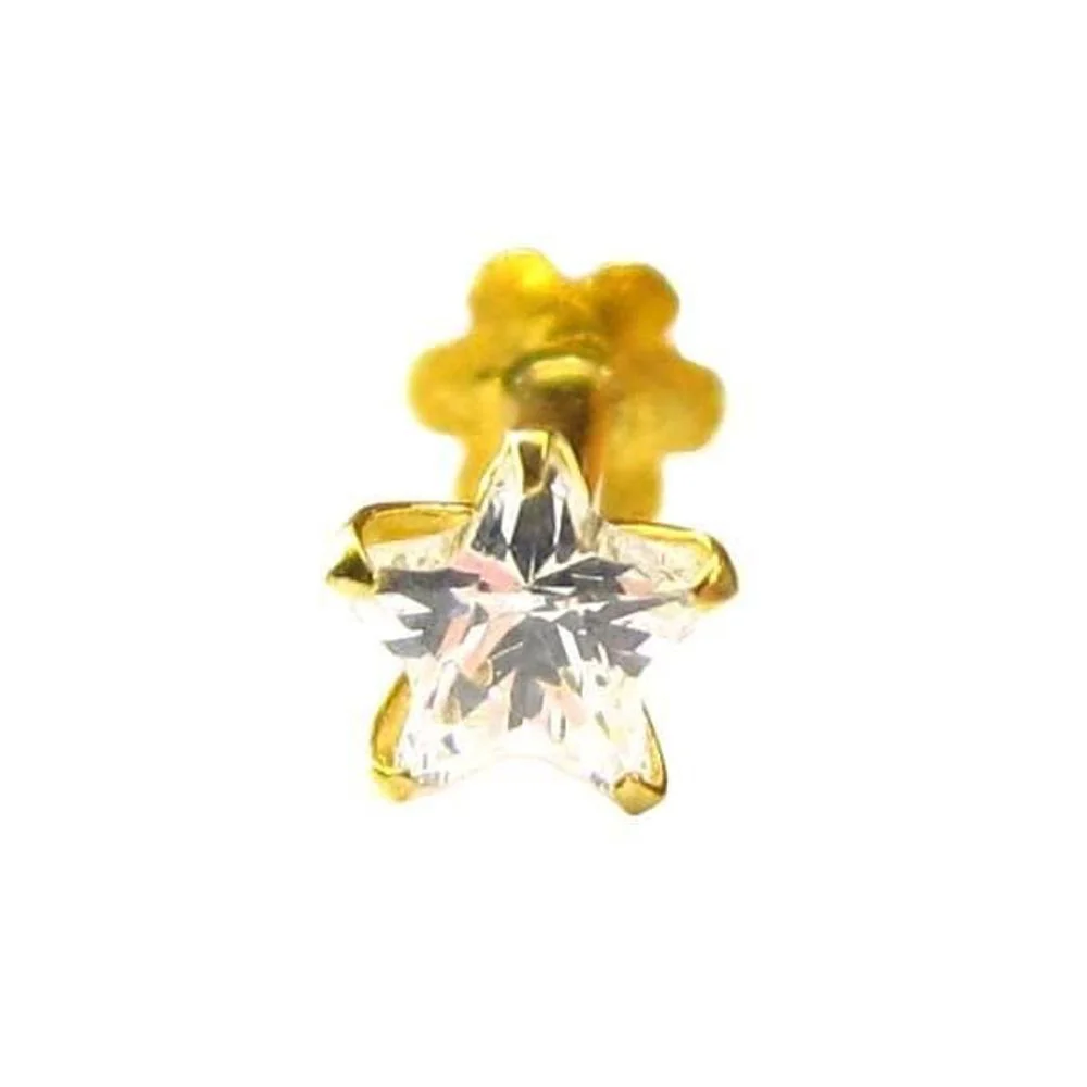 Graceful White CZ Piercing Nose Stud Pin Solid Real 14k Yellow Gold Screw Back