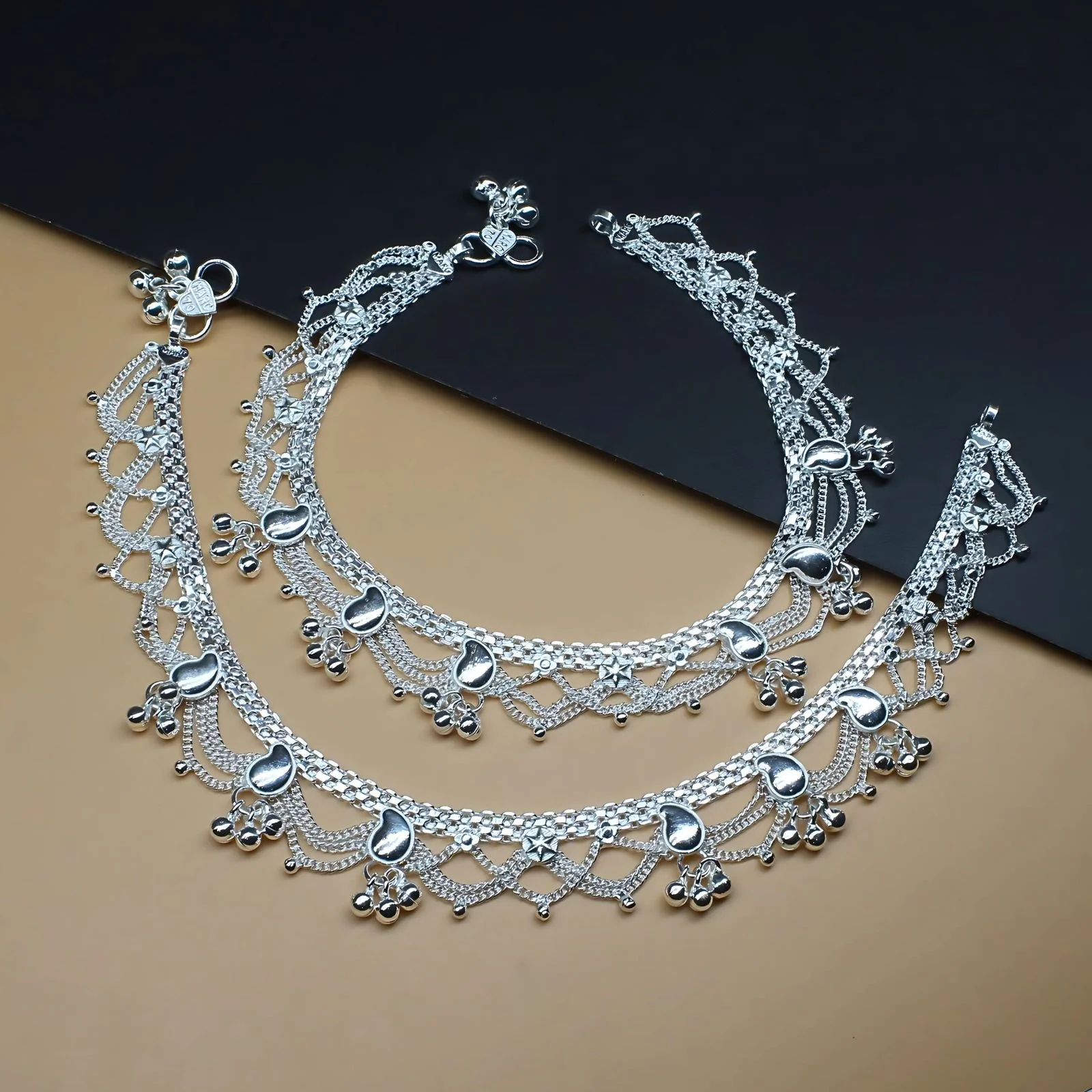 Indian Bridle Real Silver Anklets for Women Ankle Pair 10.3" - Image 3