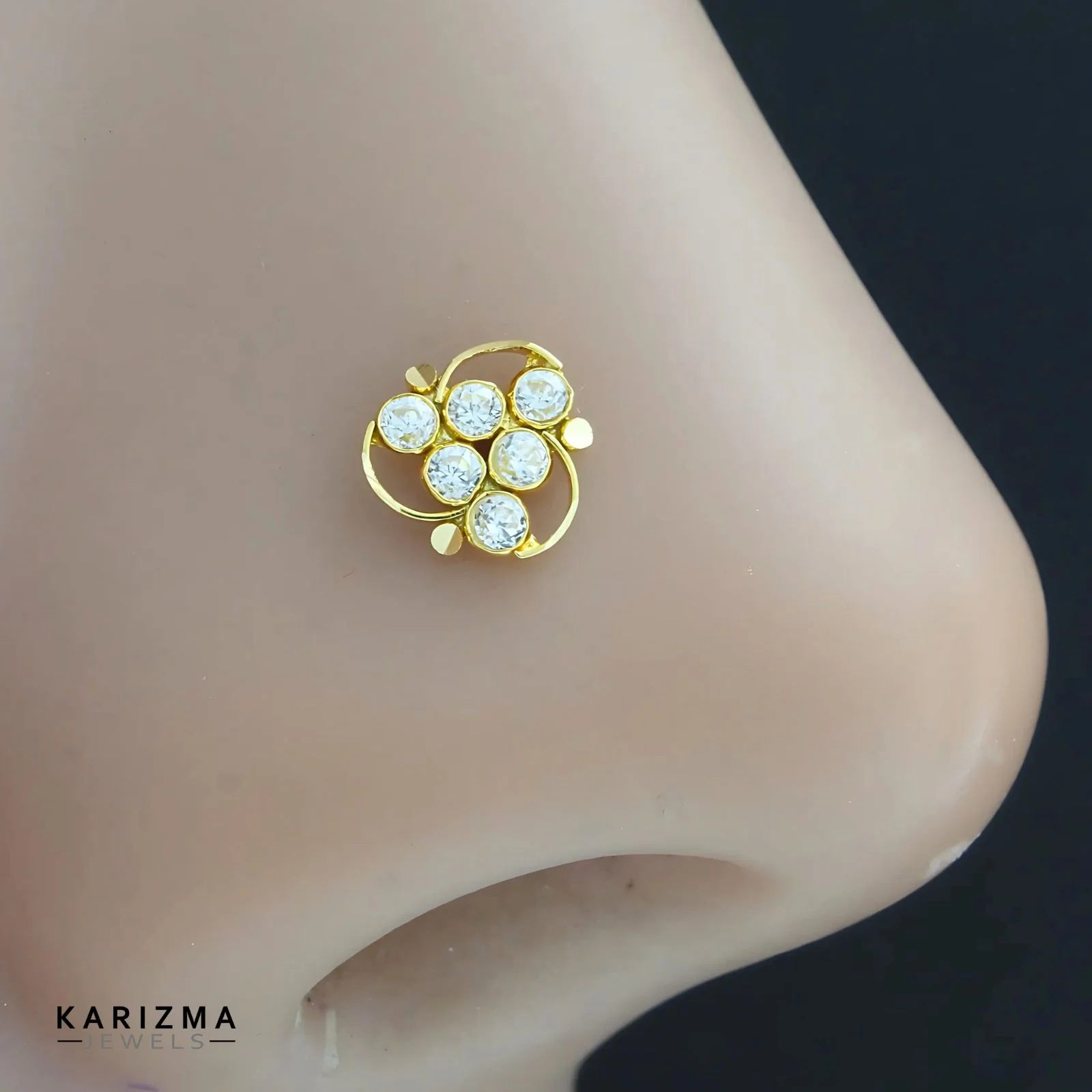Indian Floral Style 18K Real Gold women White CZ amazing Nose stud nose ring Push pin - Image 2