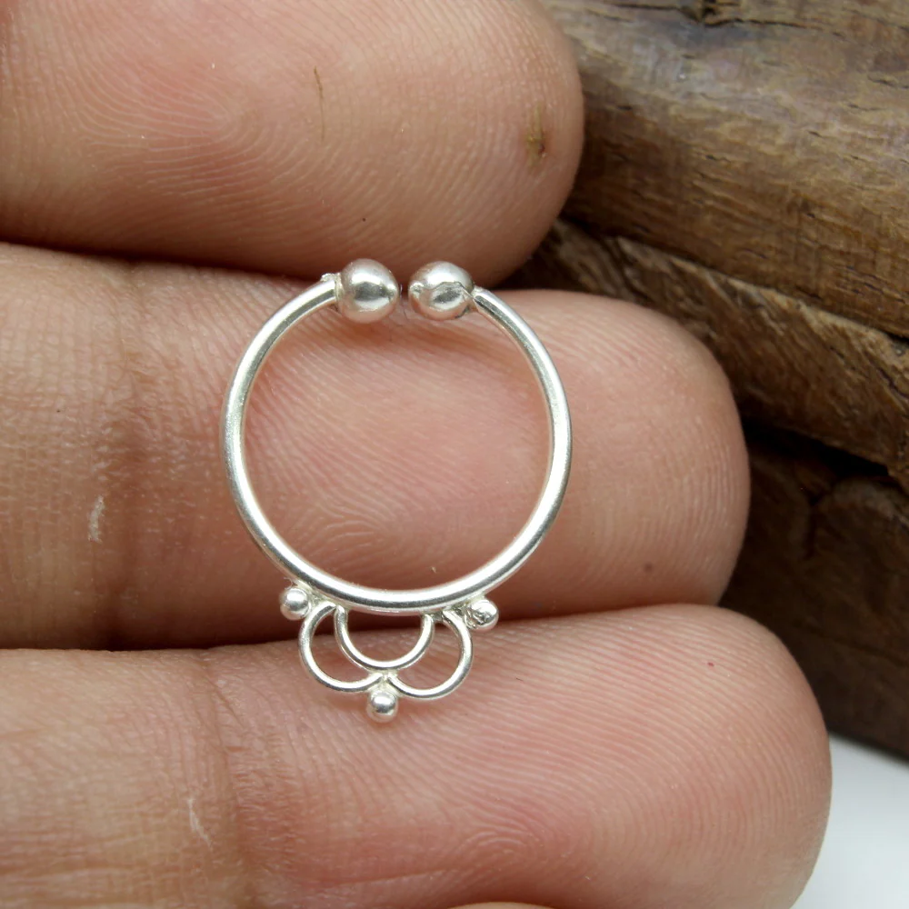 Indian Dotted Boho Silver Septum Nose Ring - Image 2