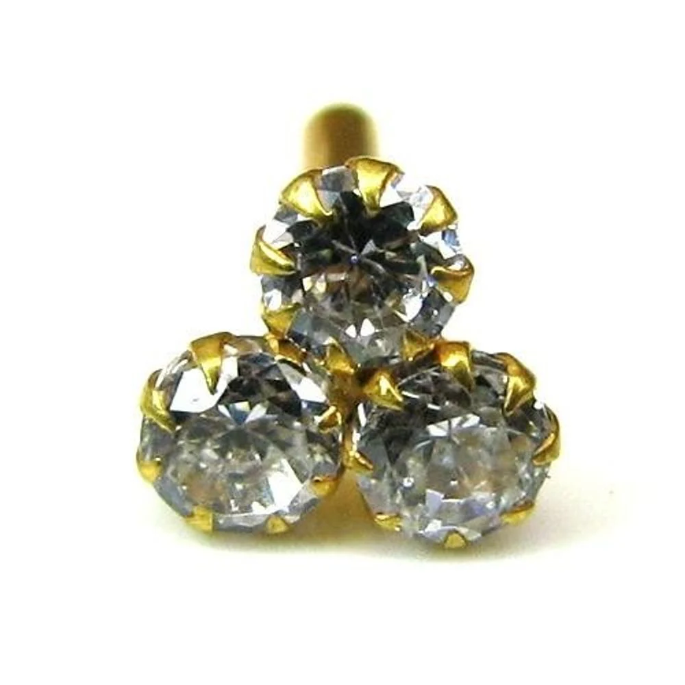 Indian Style 3 Stone CZ Studded Body Piercing Jewelry Nose Stud Pin Solid Real 14k Yellow Gold