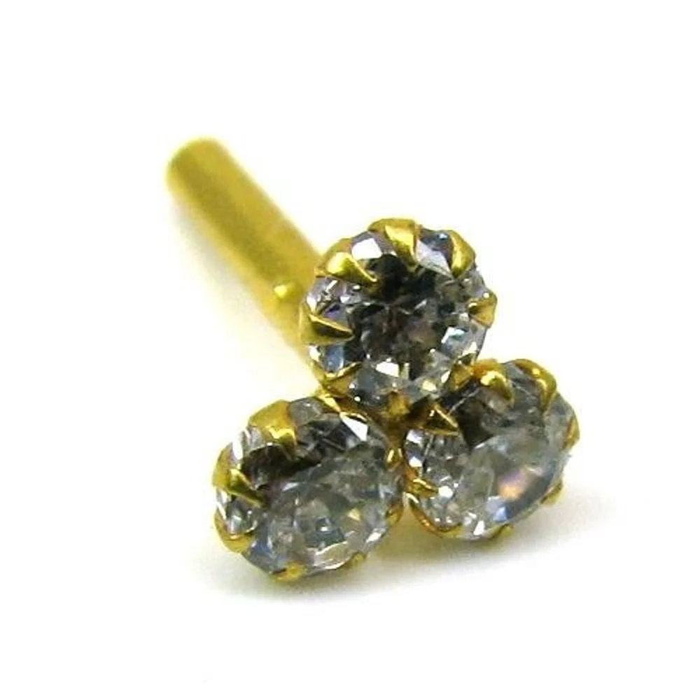 Indian Style 3 Stone CZ Studded Body Piercing Jewelry Nose Stud Pin Solid Real 14k Yellow Gold - Image 2