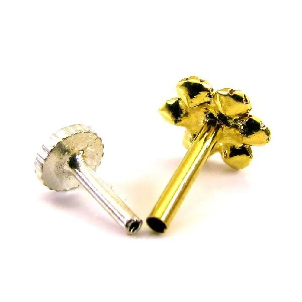 Indian Style Pink CZ Body Piercing Nose stud Pin Solid Real 14k Yellow Gold - Image 3