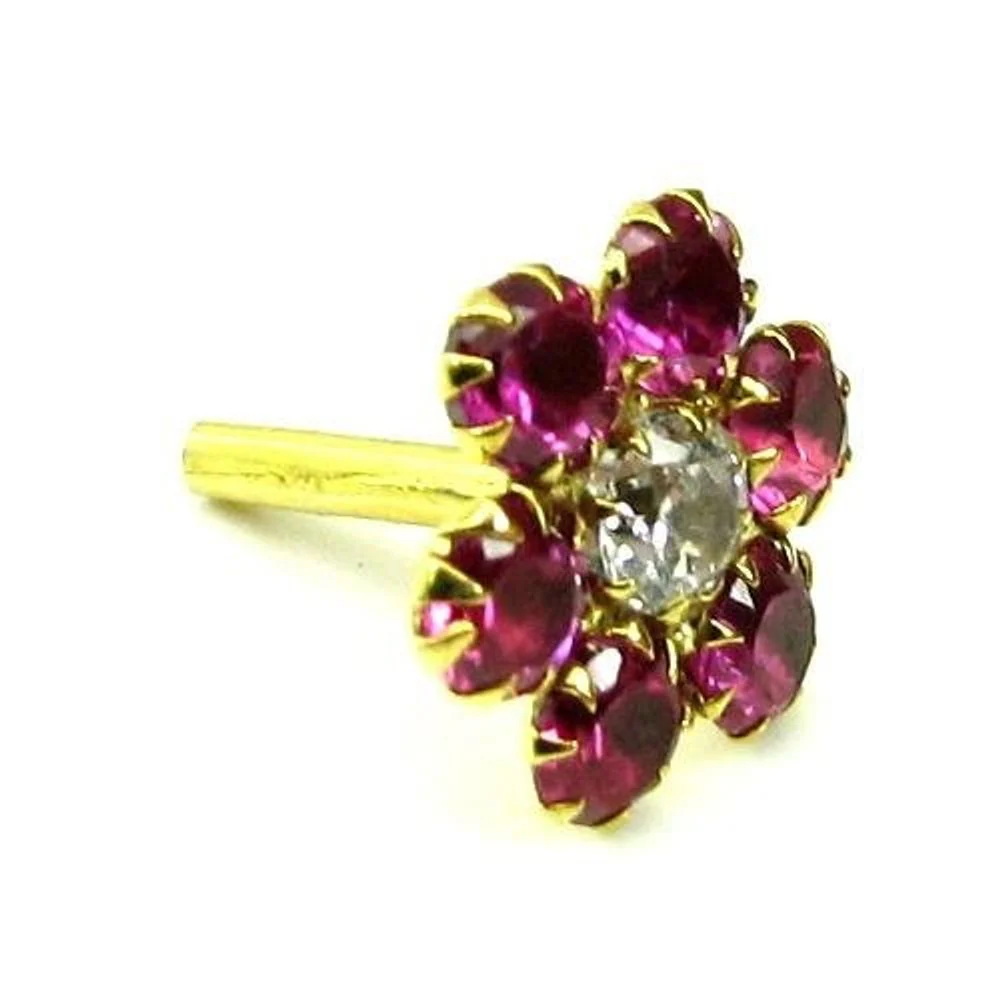 Indian Style Floral CZ Studded Body Piercing Jewelry Nose Stud Pin Solid Real 14k Yellow Gold - Image 2