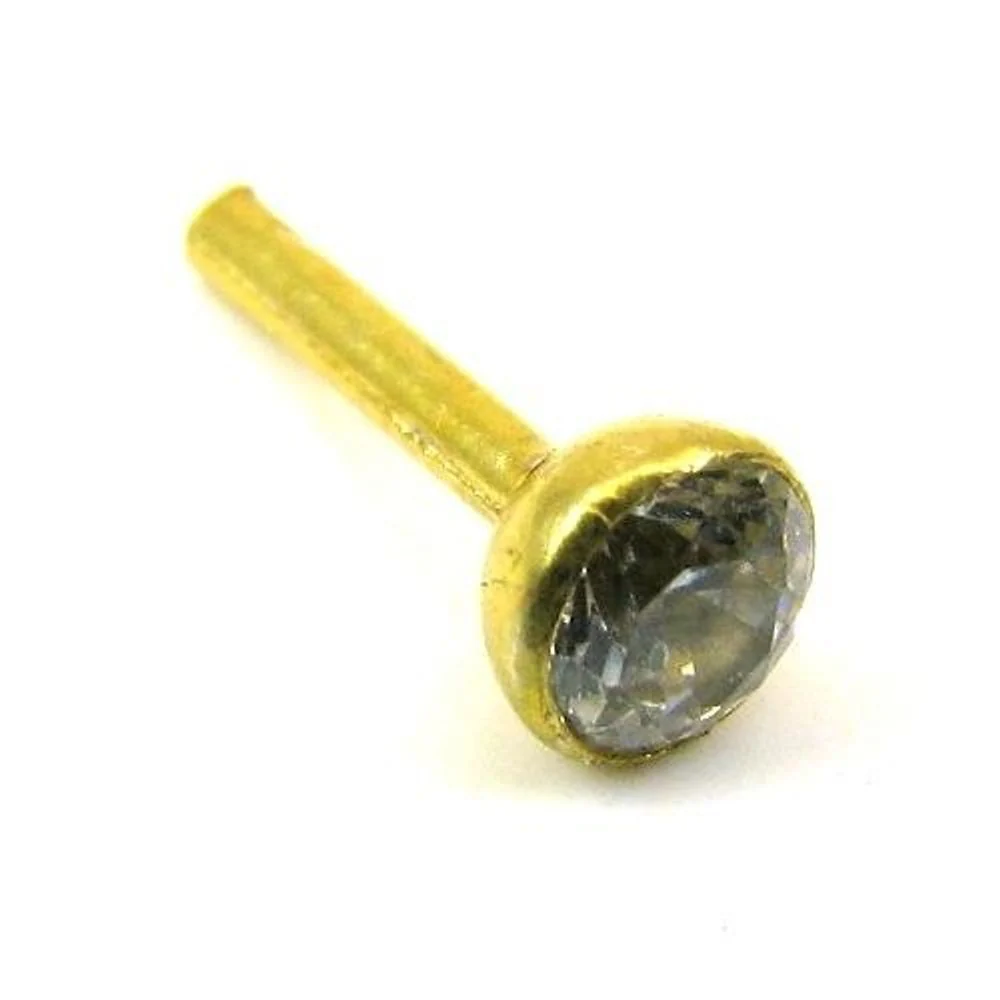 Indian Style Single CZ Studded Body Piercing Jewelry Nose Stud Pin Solid Real 14k Yellow Gold - Image 2