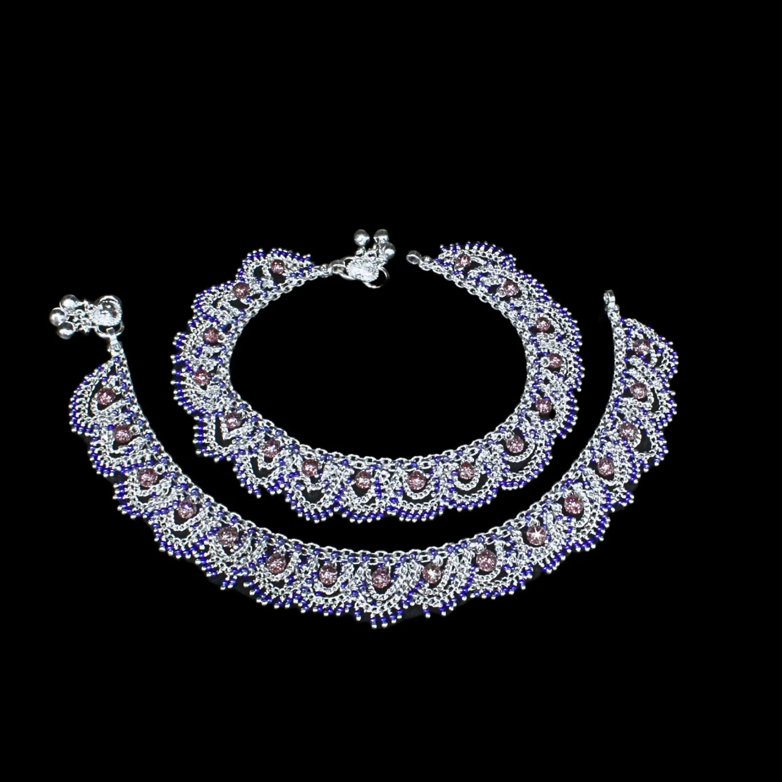 Indian Traditional Blue beads Anklets Real Silver Bracelet Pair 10.5" - Image 4