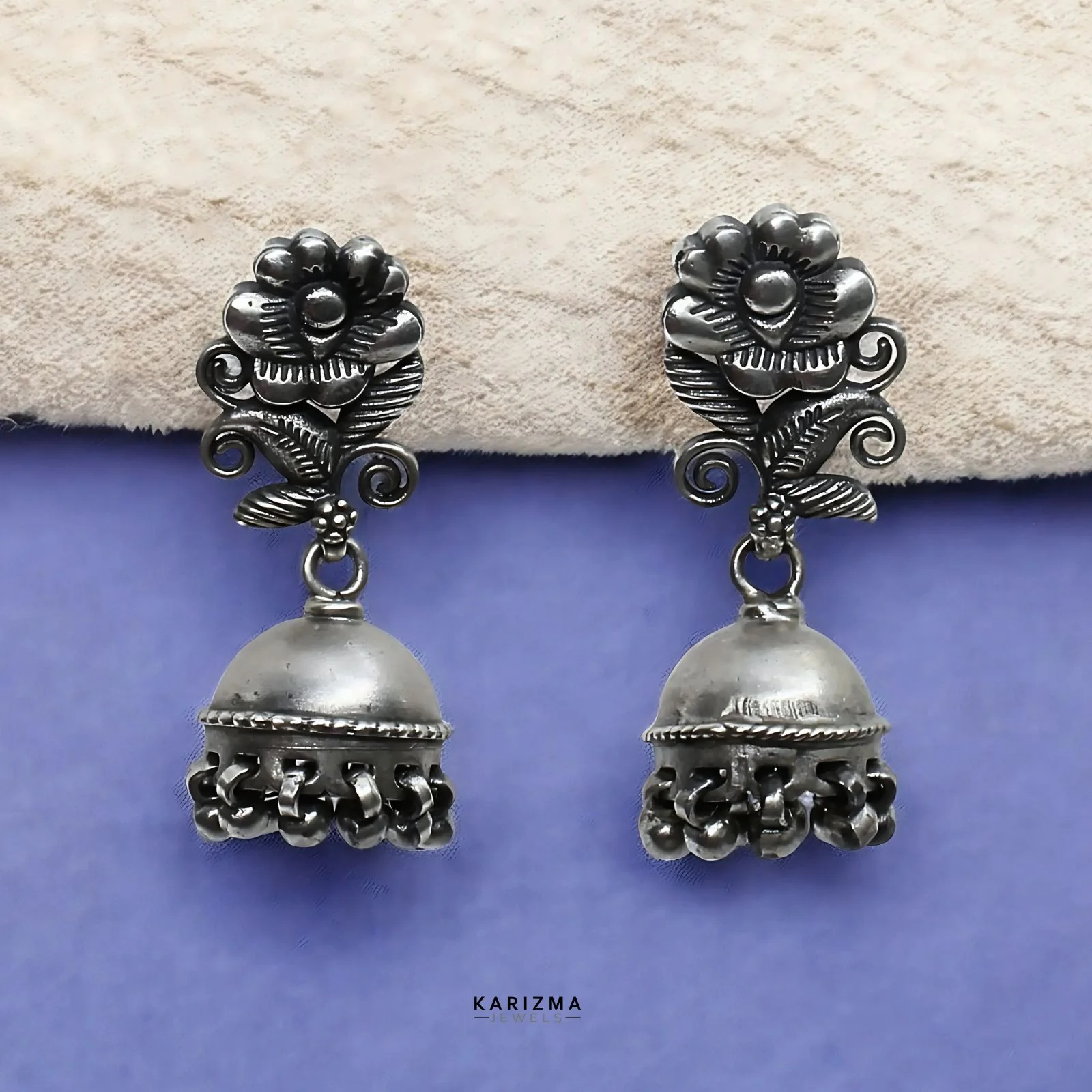 Indian Tribal style 925 Sterling Silver Oxidized Floral Jhumki Earrings For Womens - Image 3