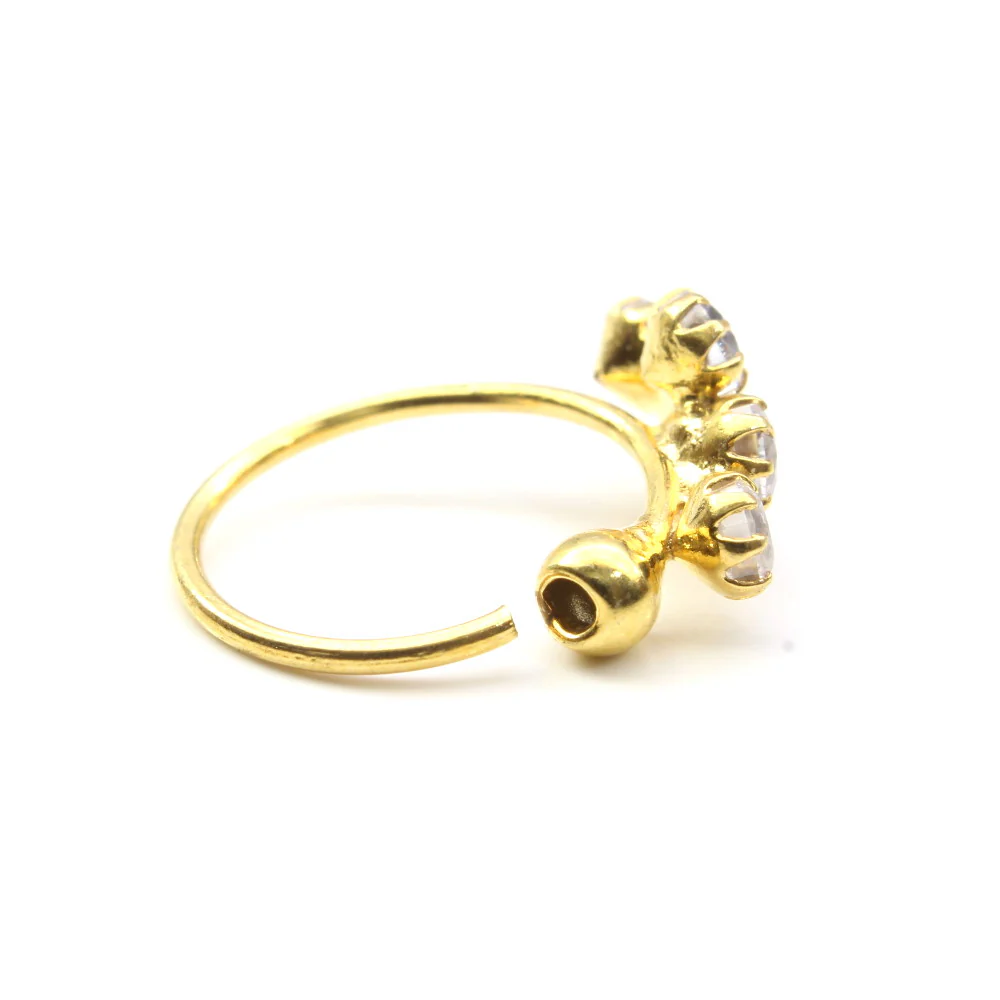 Indian White CZ Studded Nose Hoop Ring 14k Real Yellow Gold 22g - Image 3